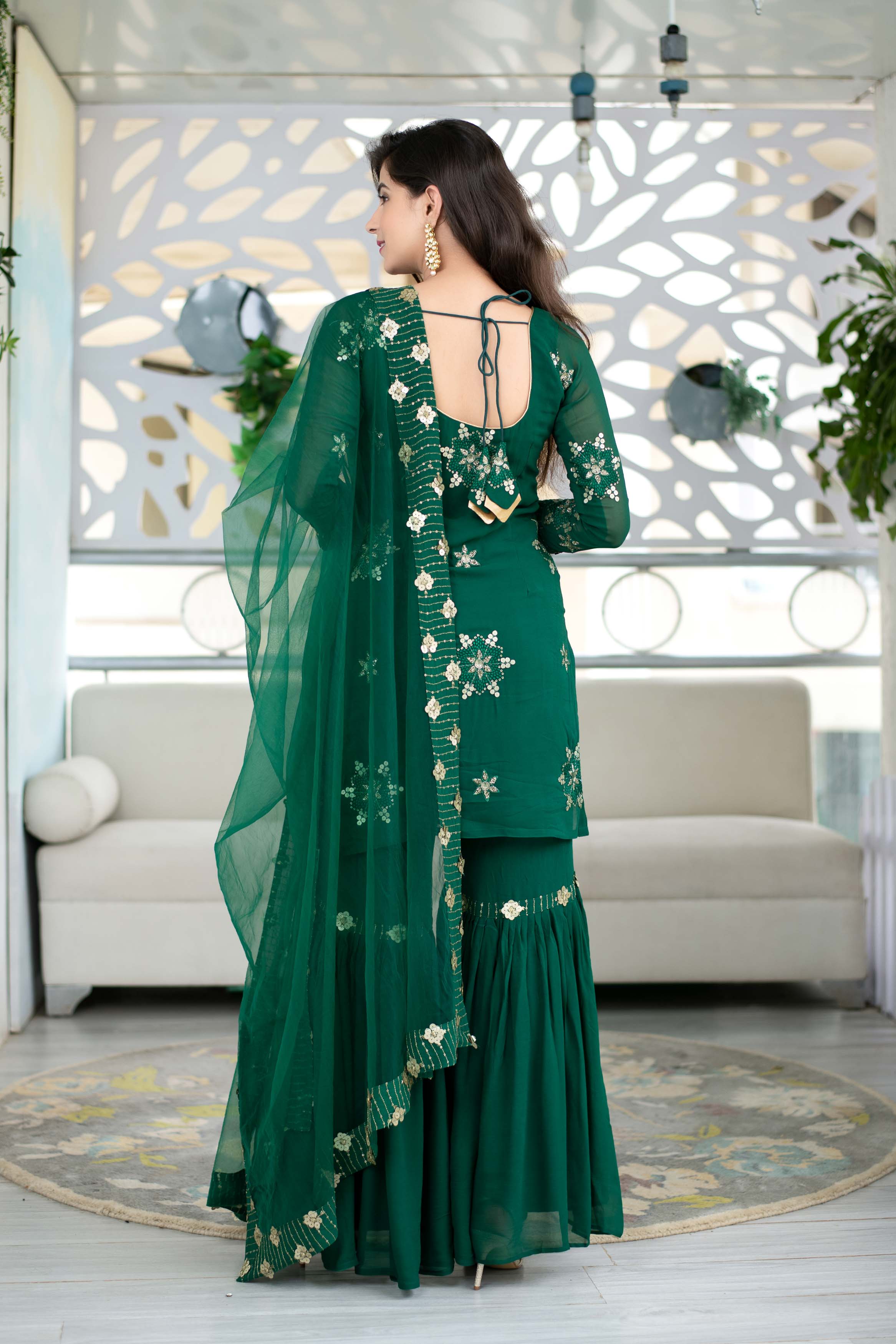 Green Georgette Sharara Suit Set With Net Dupatta