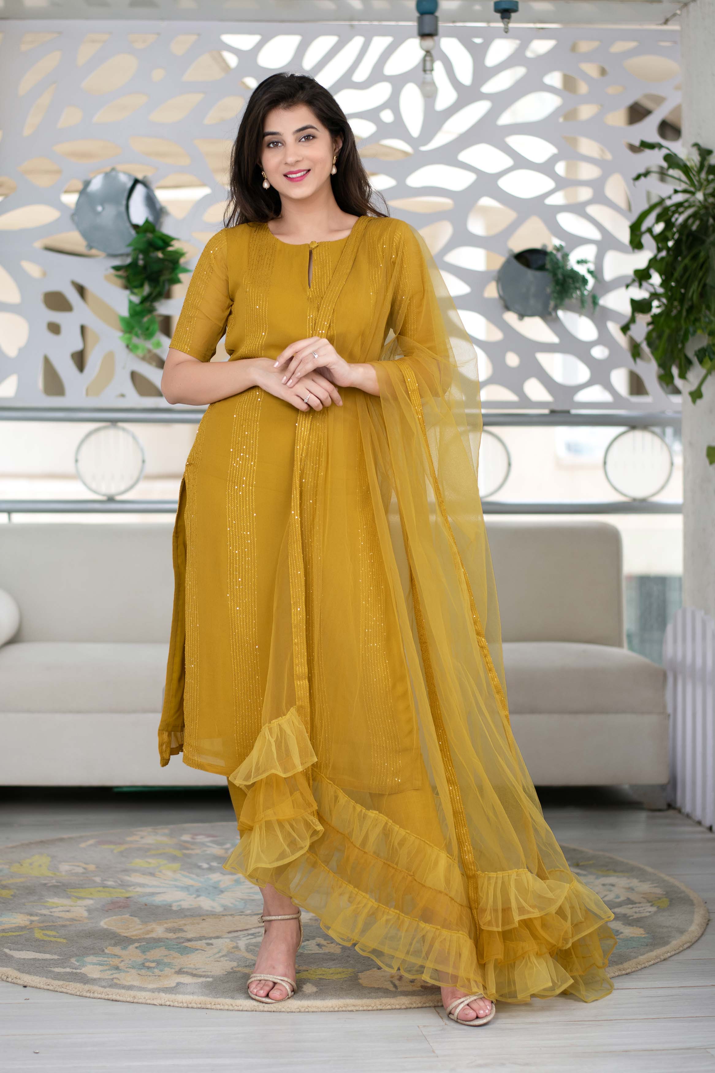 Mustard Kurta With Ruffle Dupatta