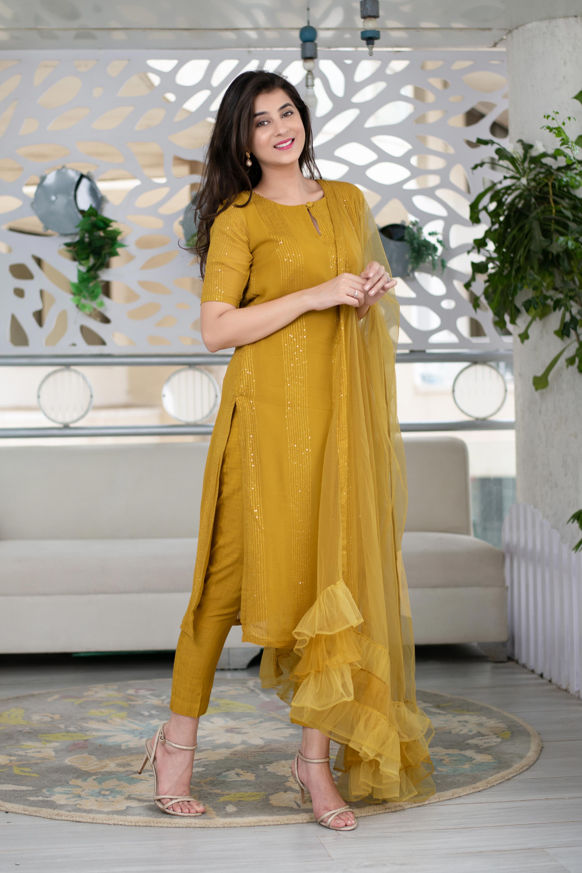 Mustard Kurta With Ruffle Dupatta