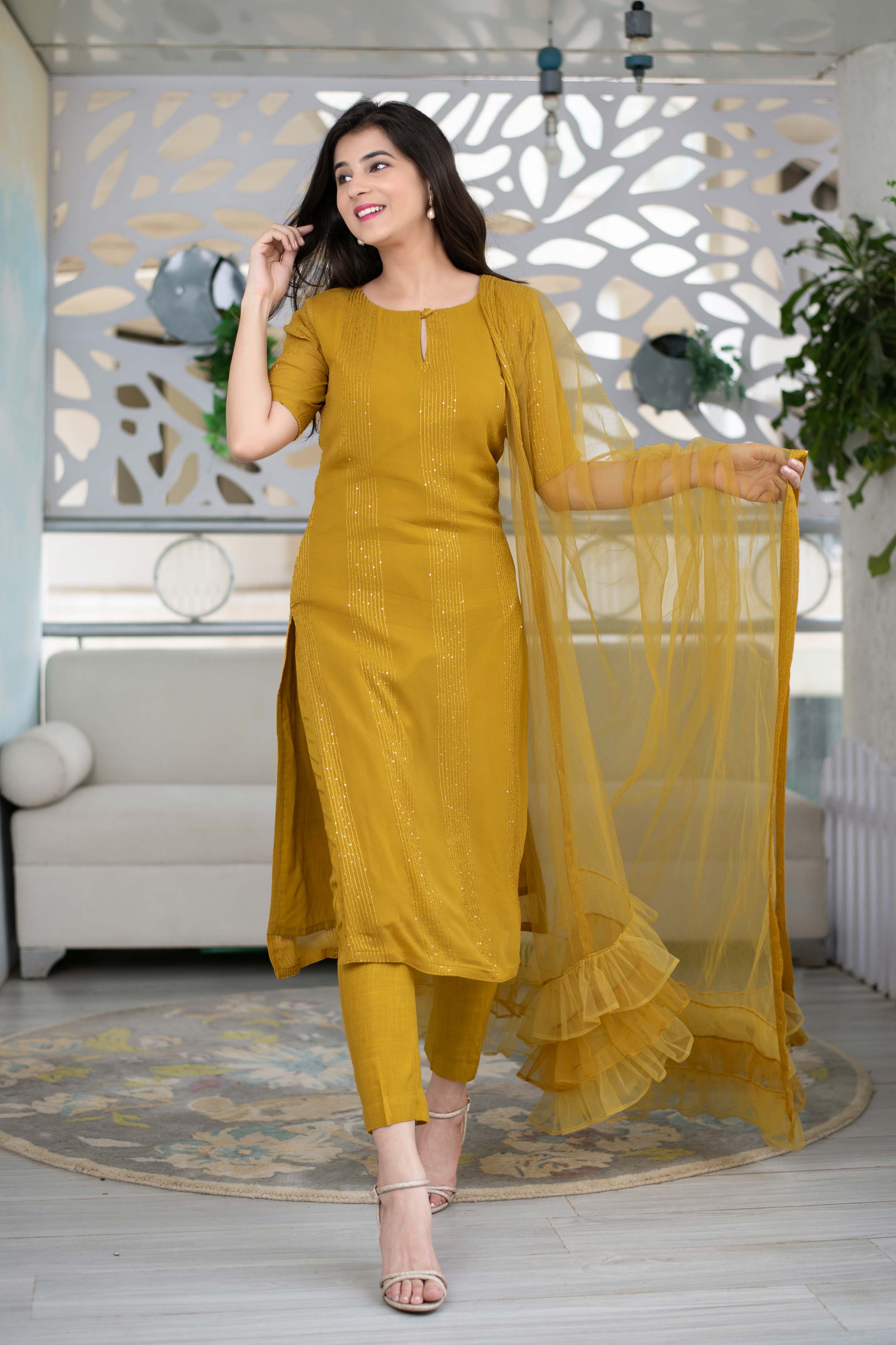 Mustard Kurta With Ruffle Dupatta