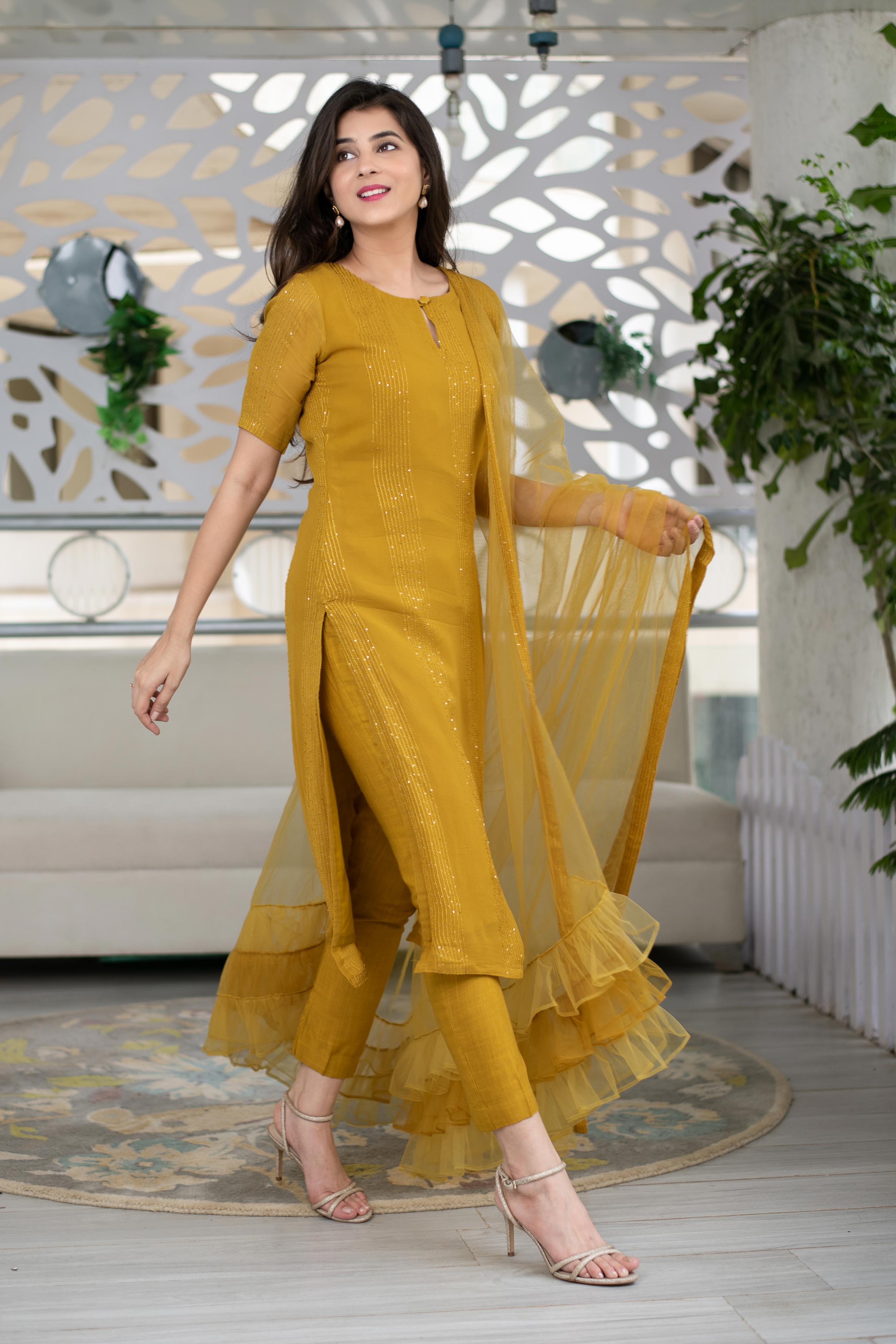 Mustard Kurta With Ruffle Dupatta