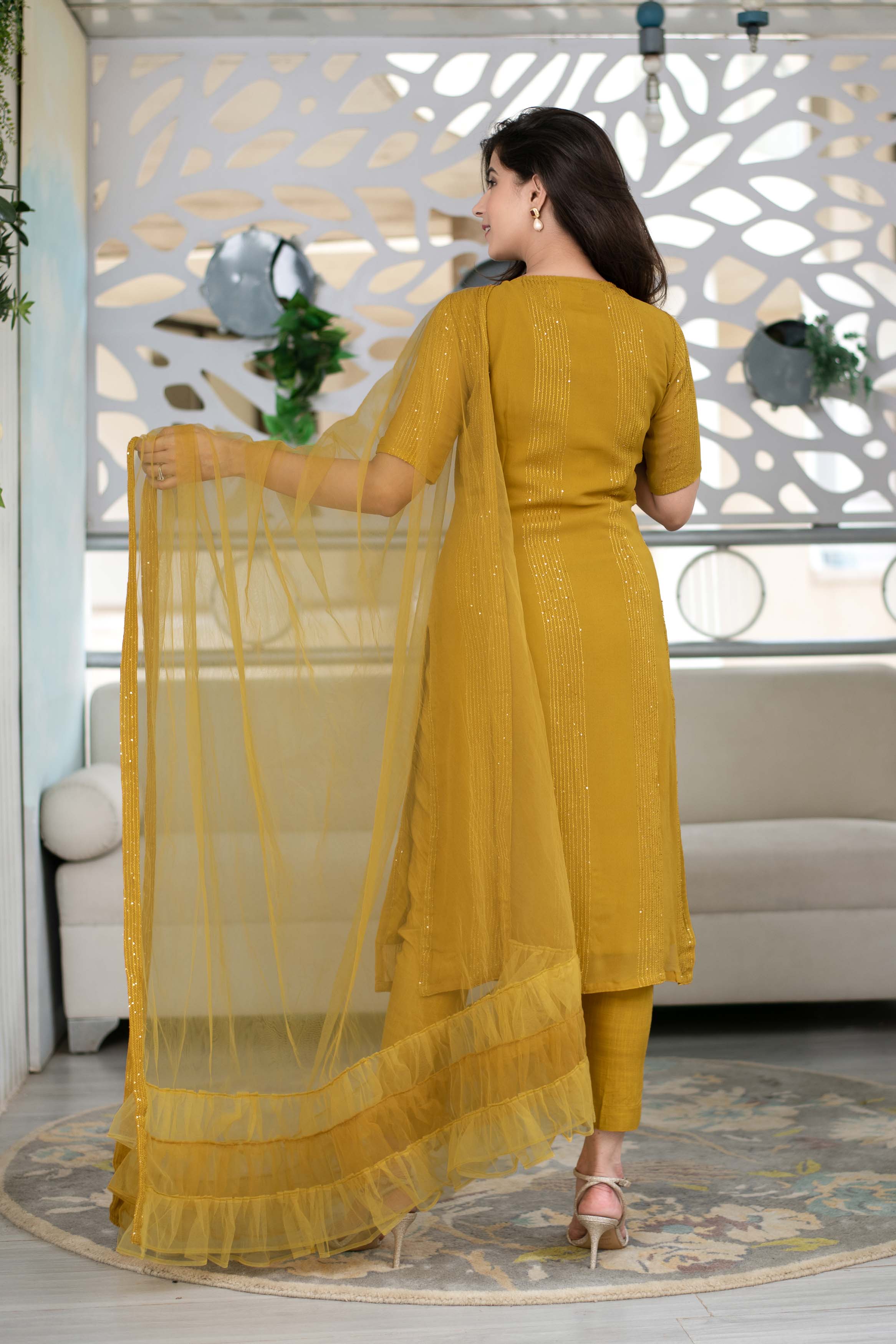 Mustard Kurta With Ruffle Dupatta