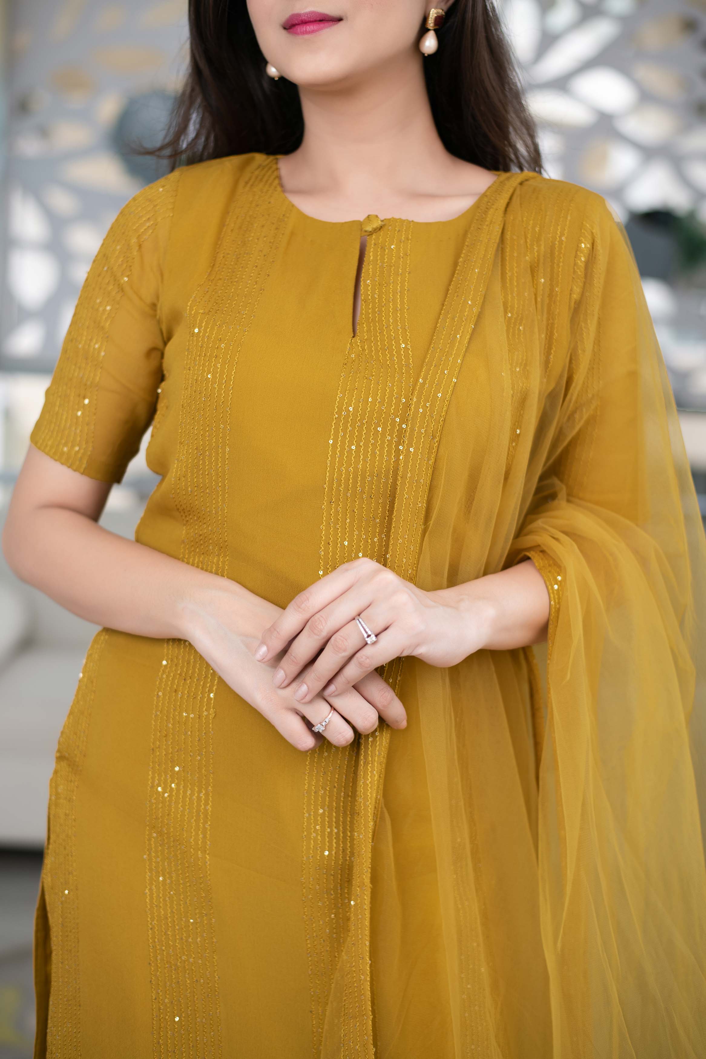 Mustard Kurta With Ruffle Dupatta