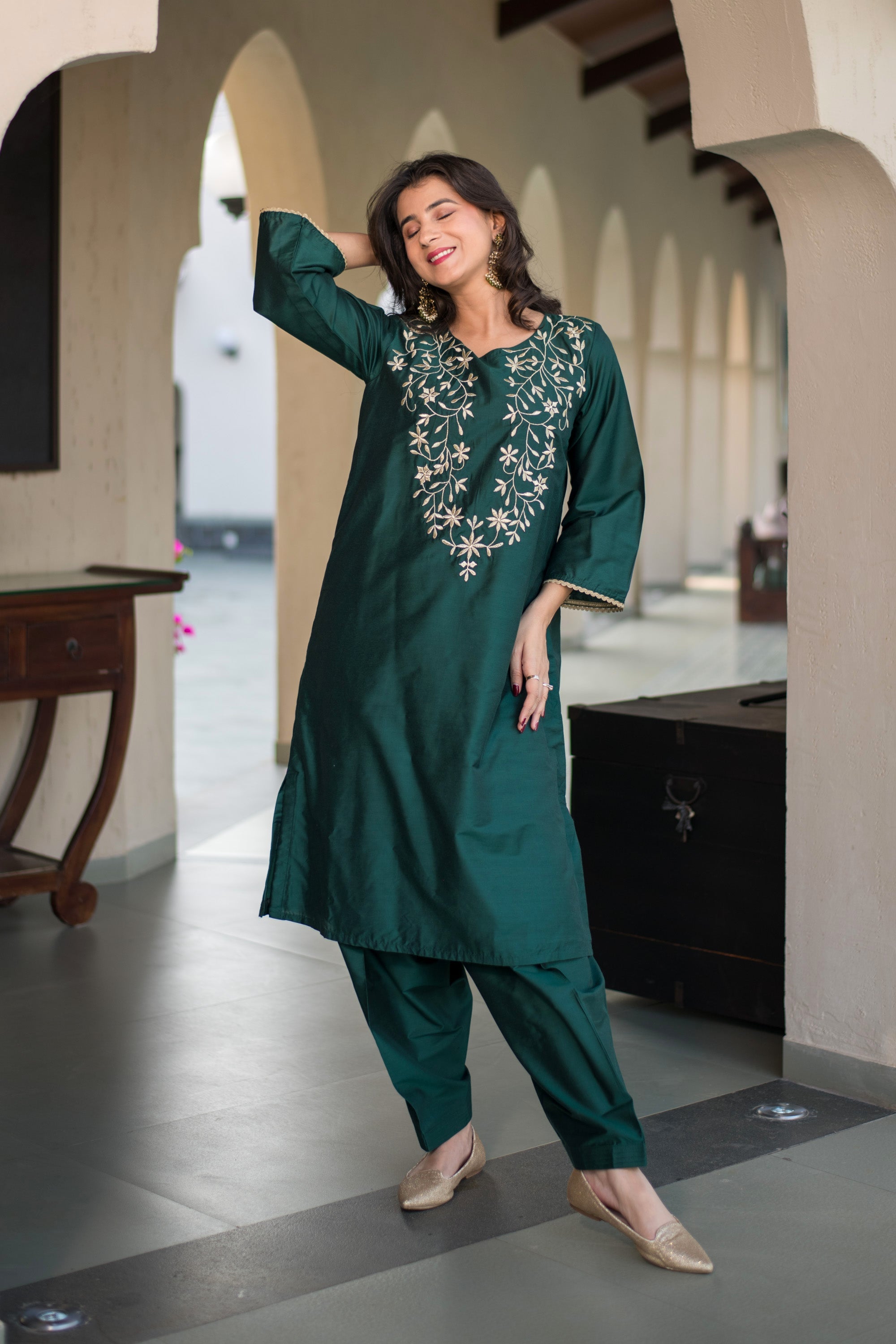 Bottle Green Kurta Embroidery Co-Ord Set