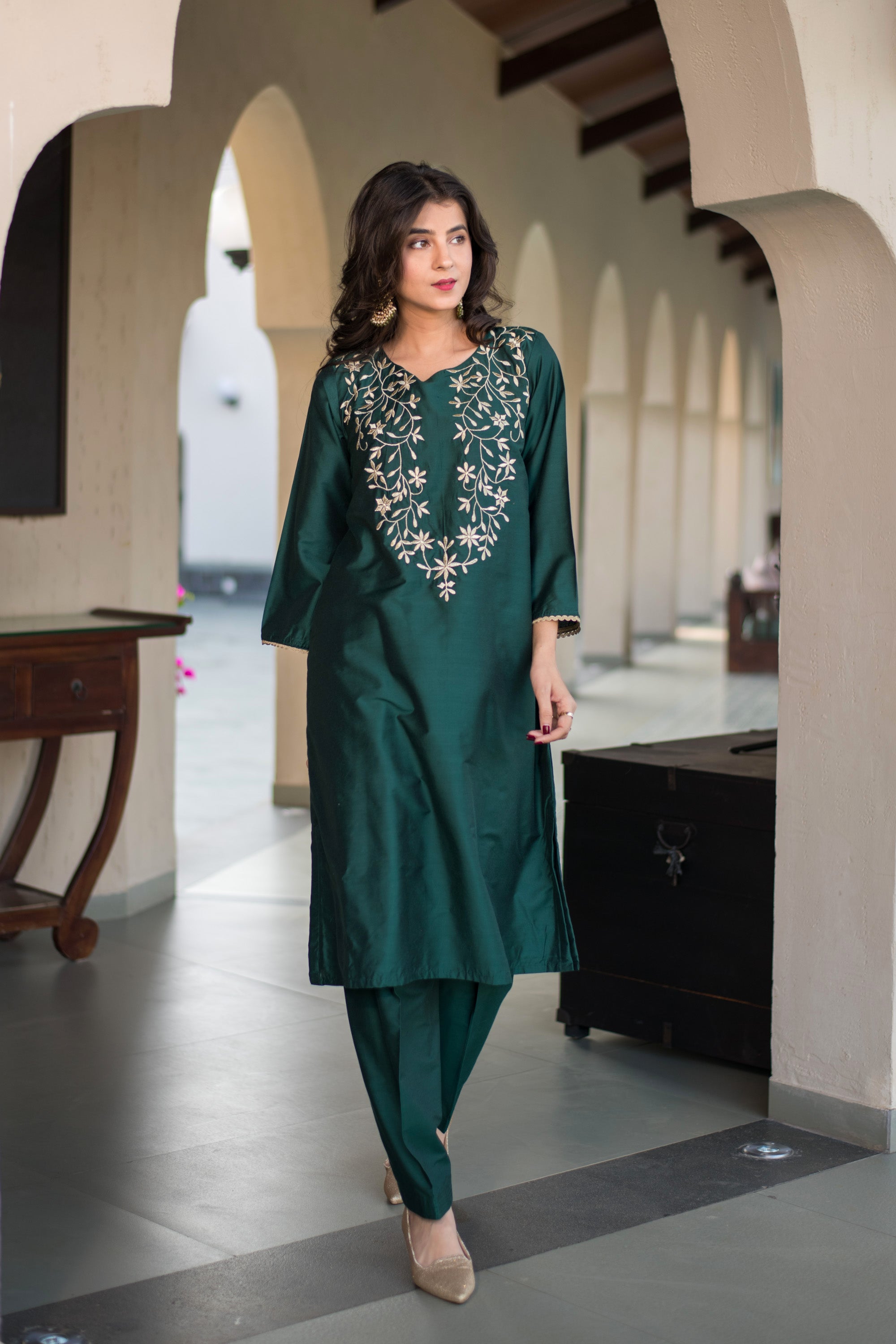 Bottle Green Kurta Embroidery Co-Ord Set