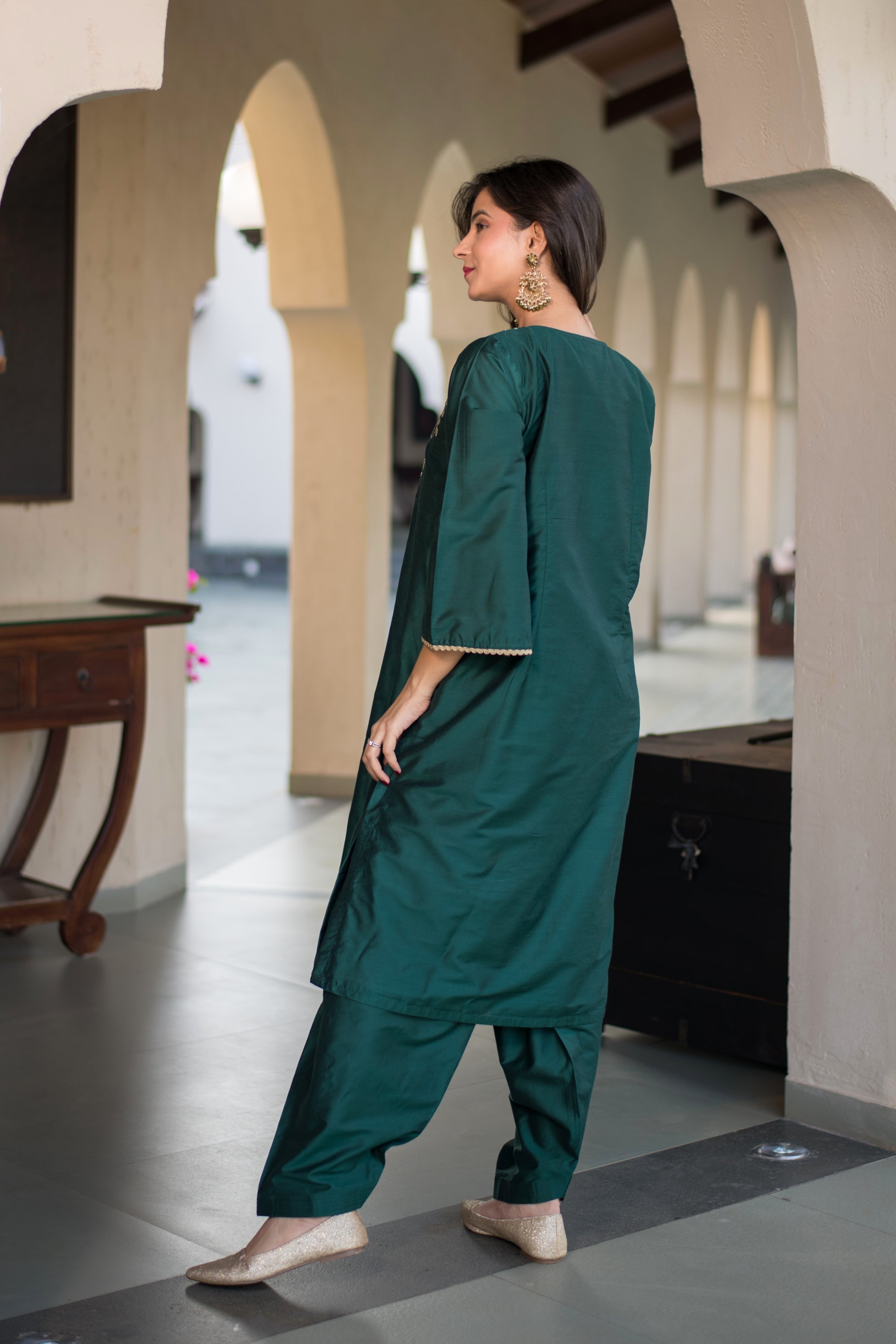 Bottle Green Kurta Embroidery Co-Ord Set