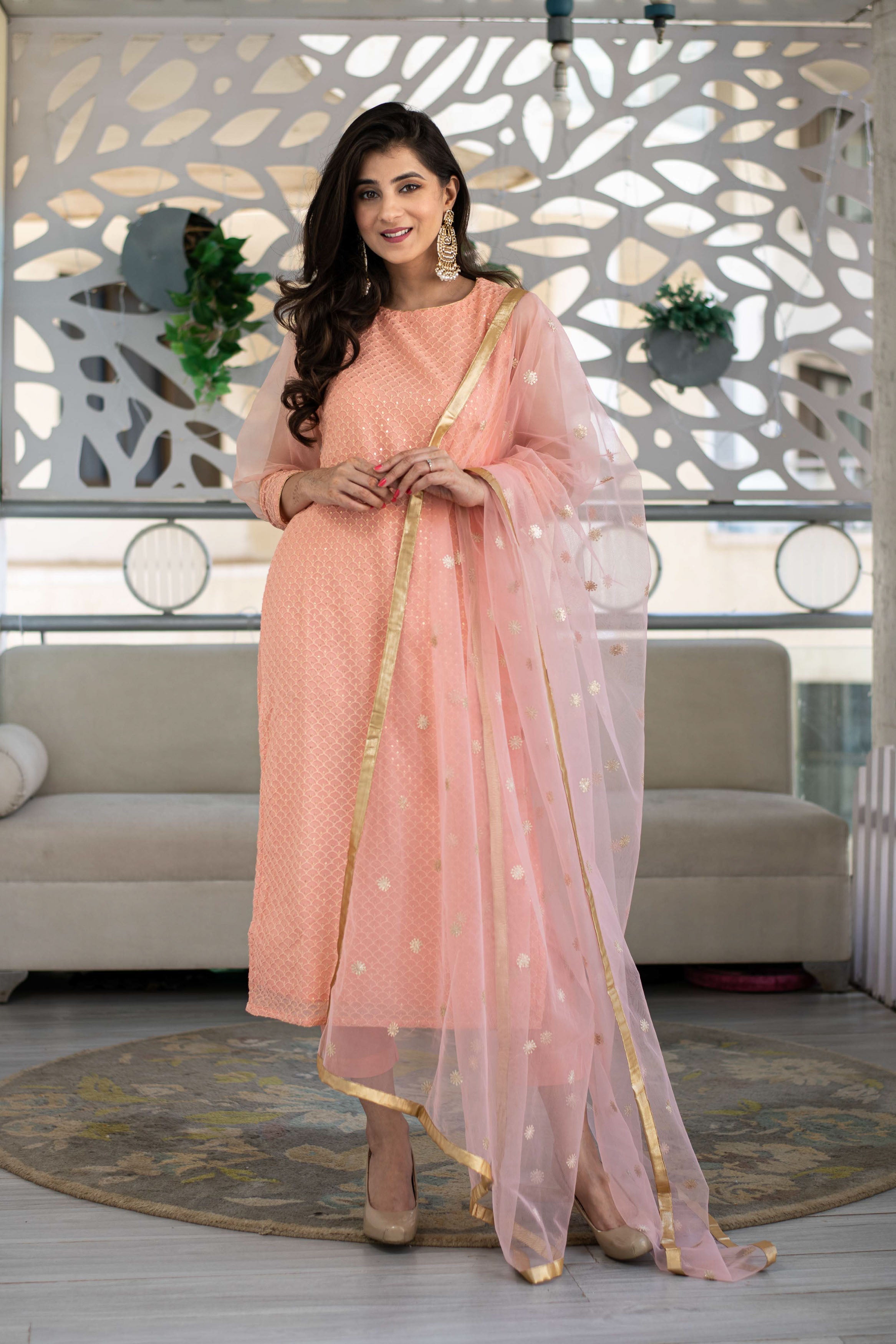 Peach Thread Work Kurta With Organza Sleeves