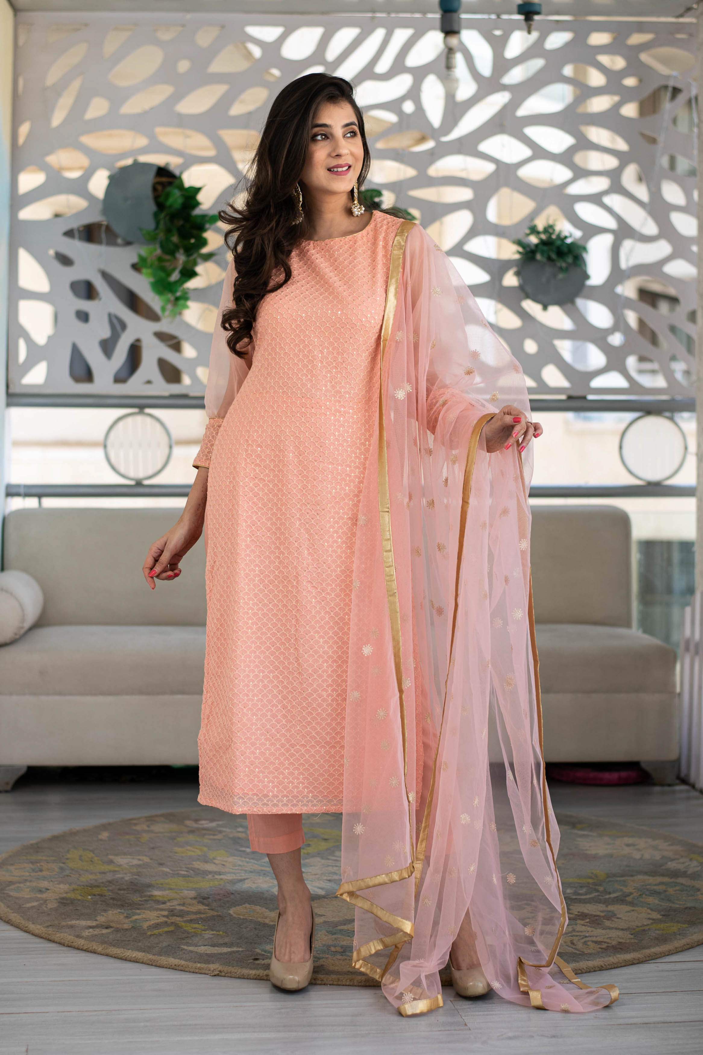 Peach Thread Work Kurta With Organza Sleeves