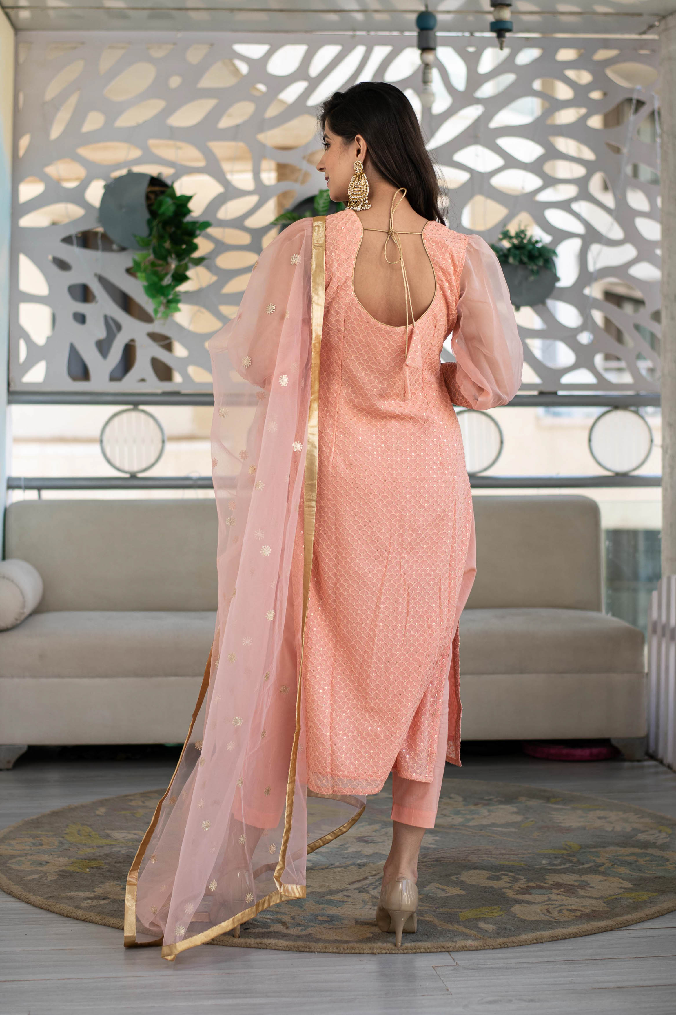 Peach Thread Work Kurta With Organza Sleeves