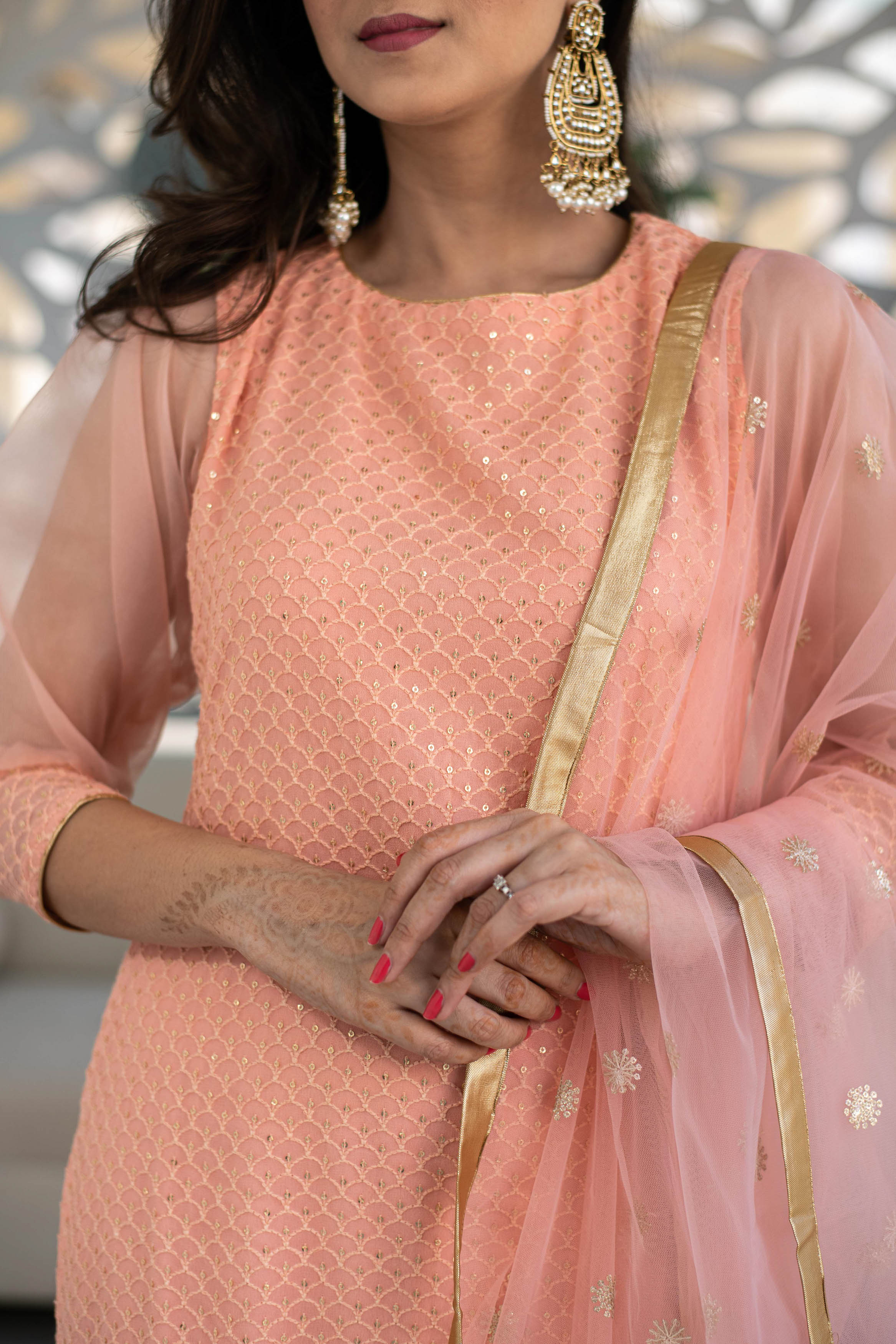 Peach Thread Work Kurta With Organza Sleeves