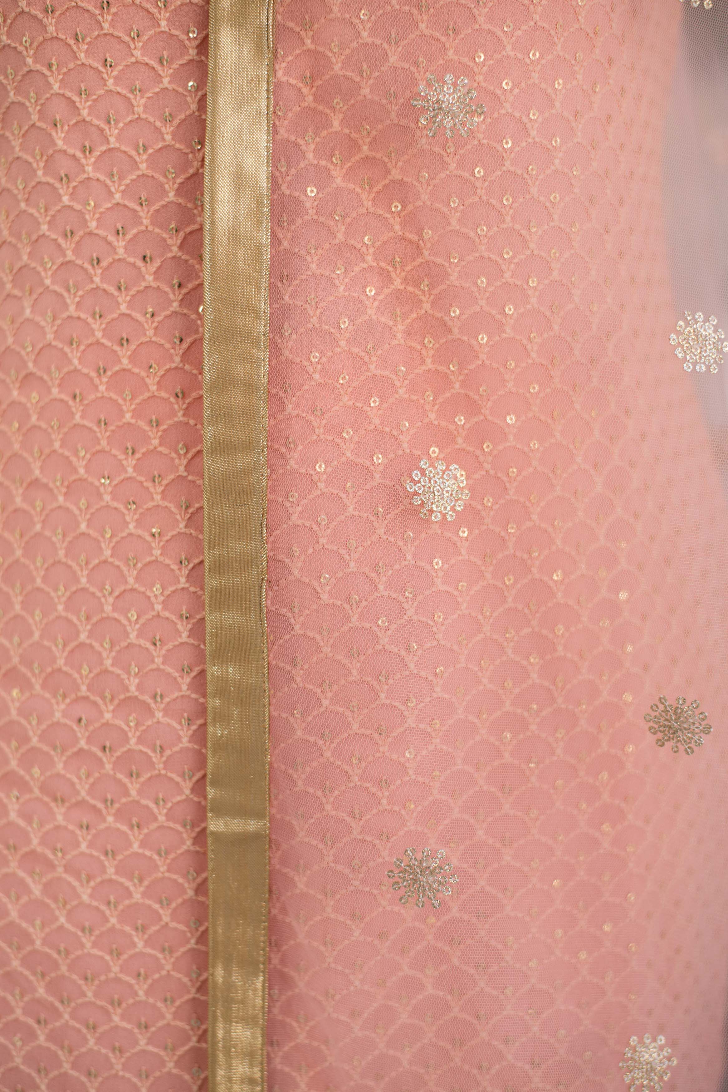 Peach Thread Work Kurta With Organza Sleeves