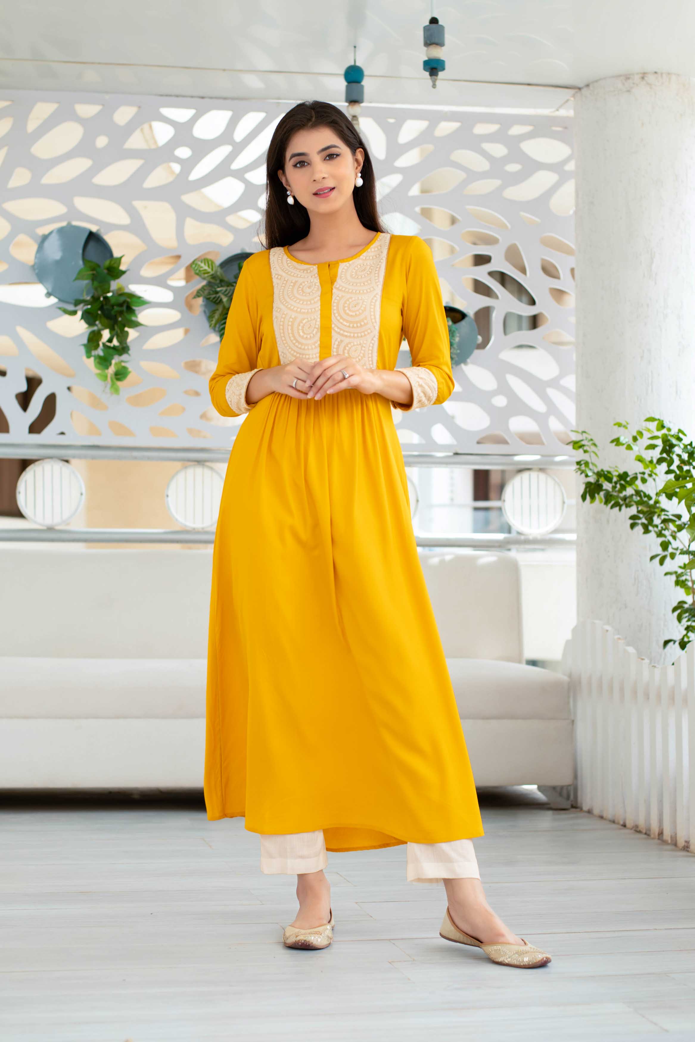 Yellow Long Kurta With Straight Pant Set