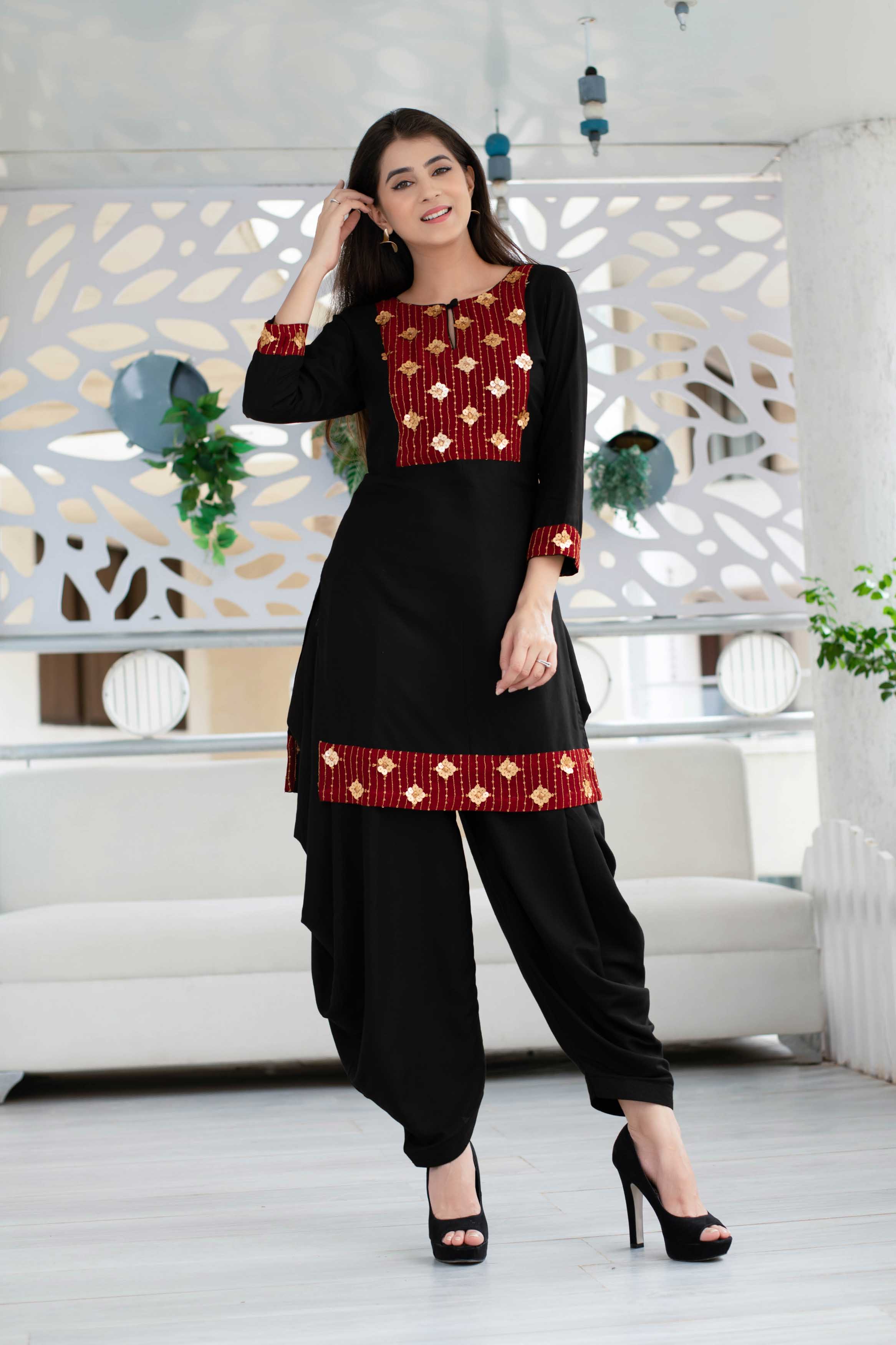 Black Patiala Set With Red Neck Work