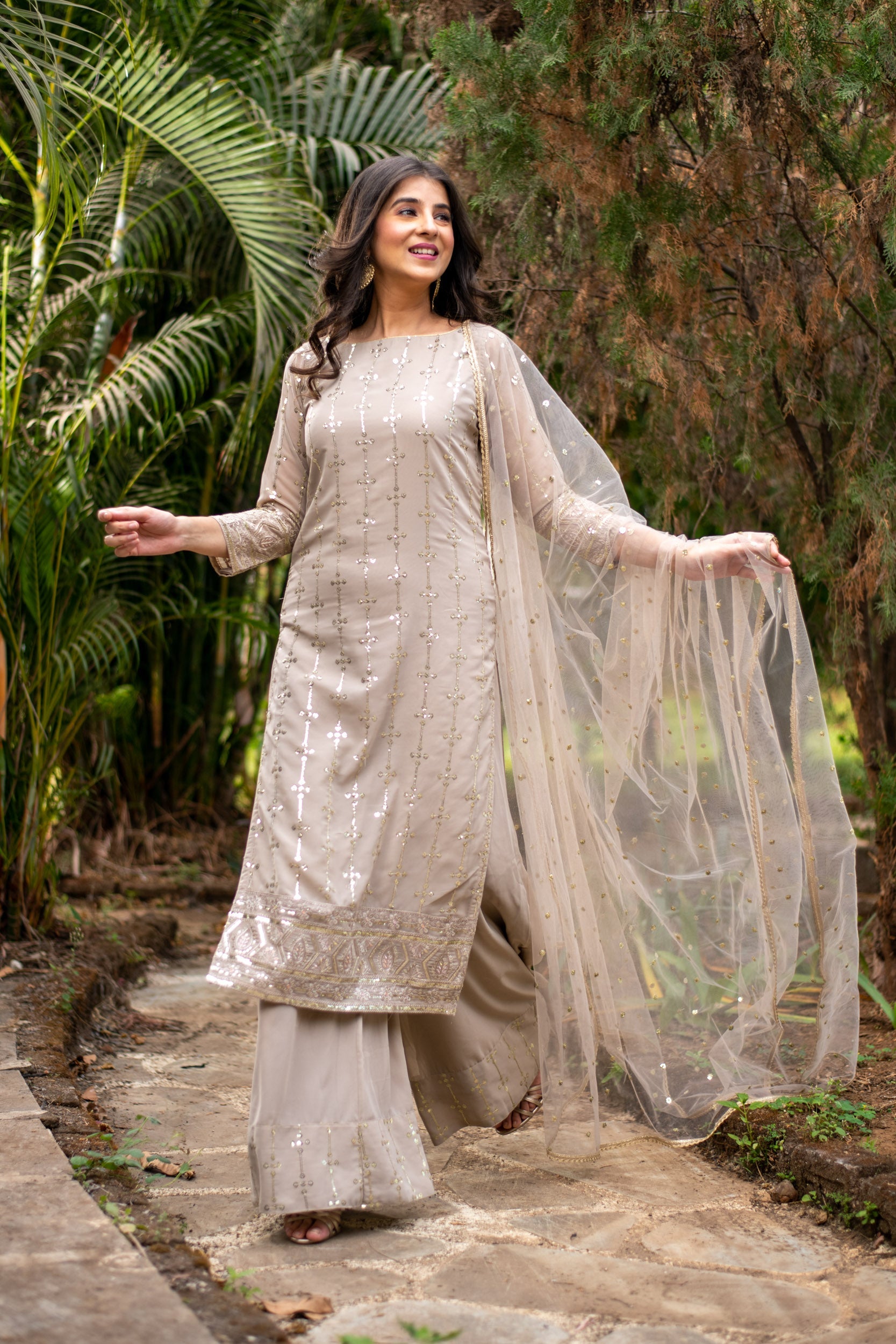 Beige Heavy kurta with pallazo set