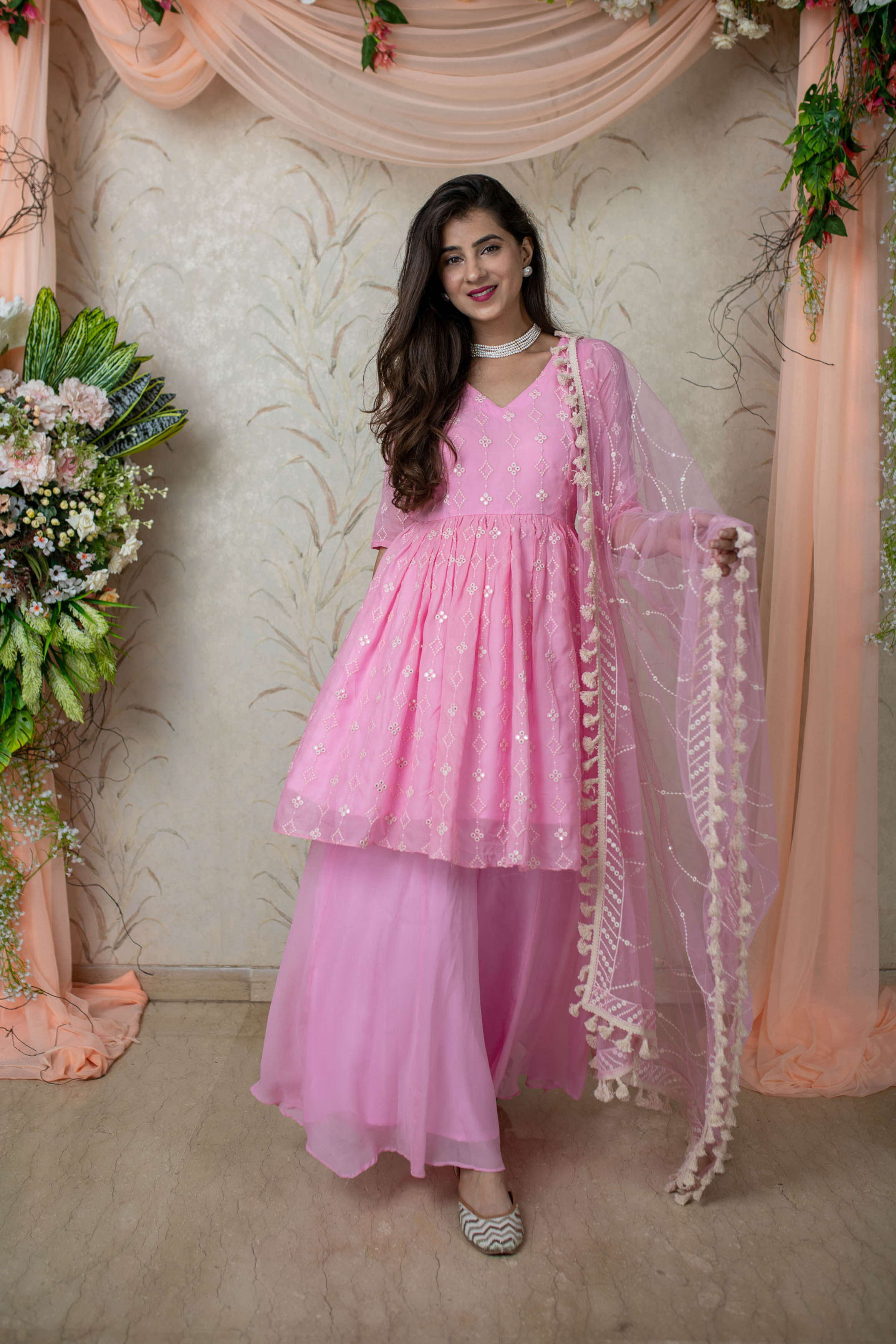 Ice Pink Peplum Kurta With Palazzo