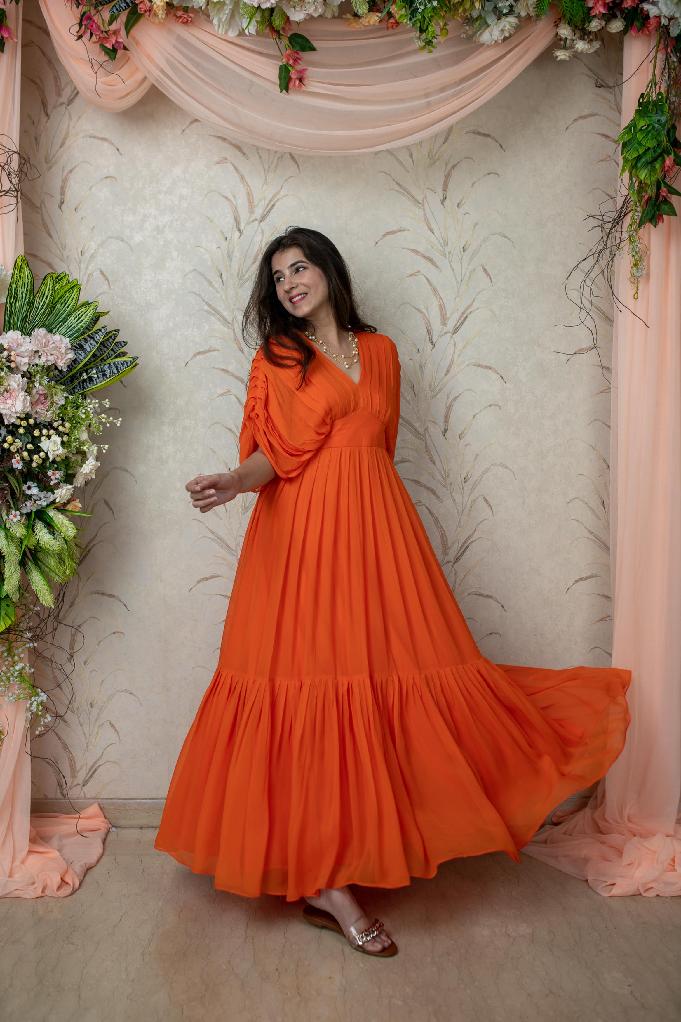 Orange Pleated Gown