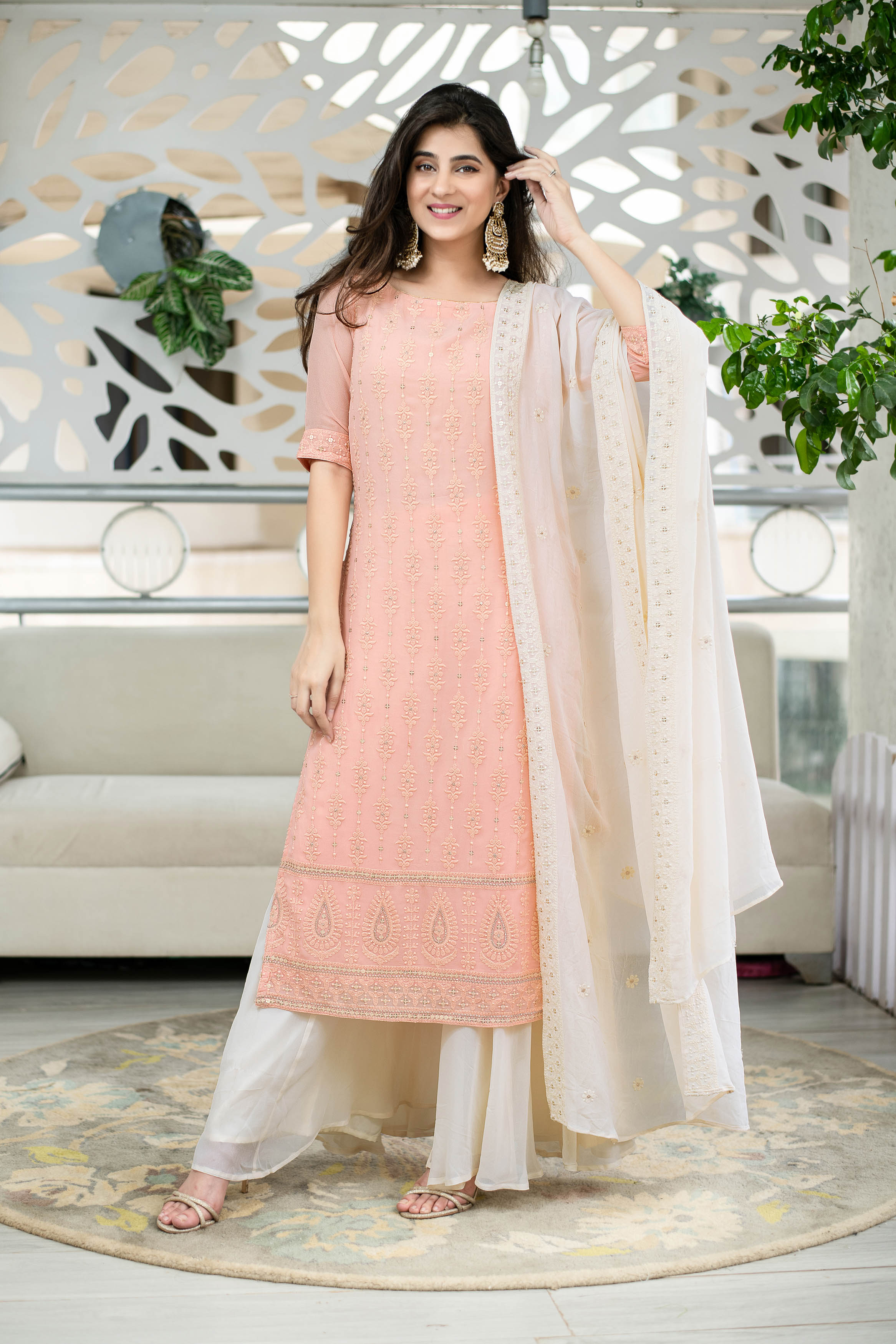 Light Peach Lucknowi Kurta With Palazzo Set