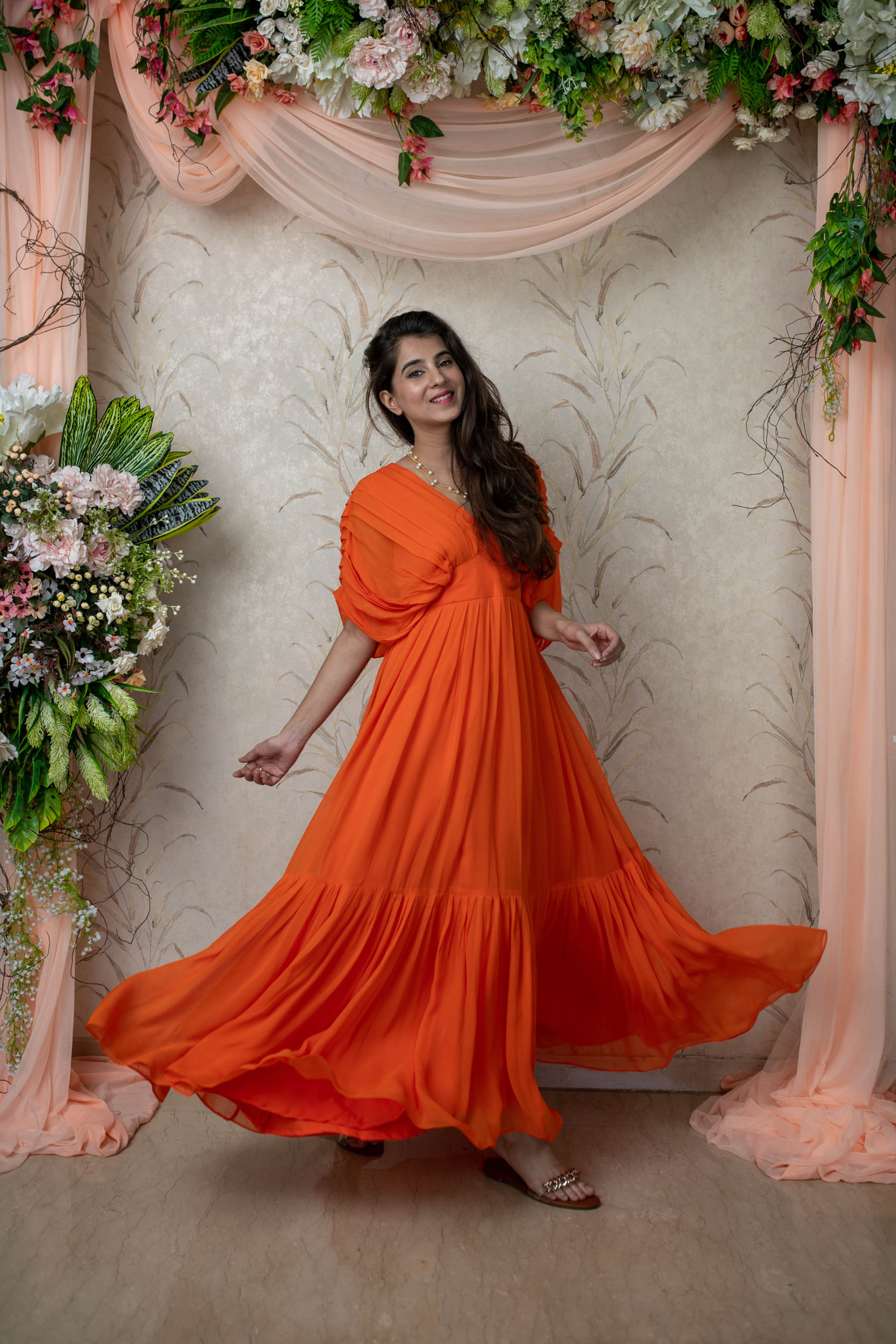 Orange Pleated Gown