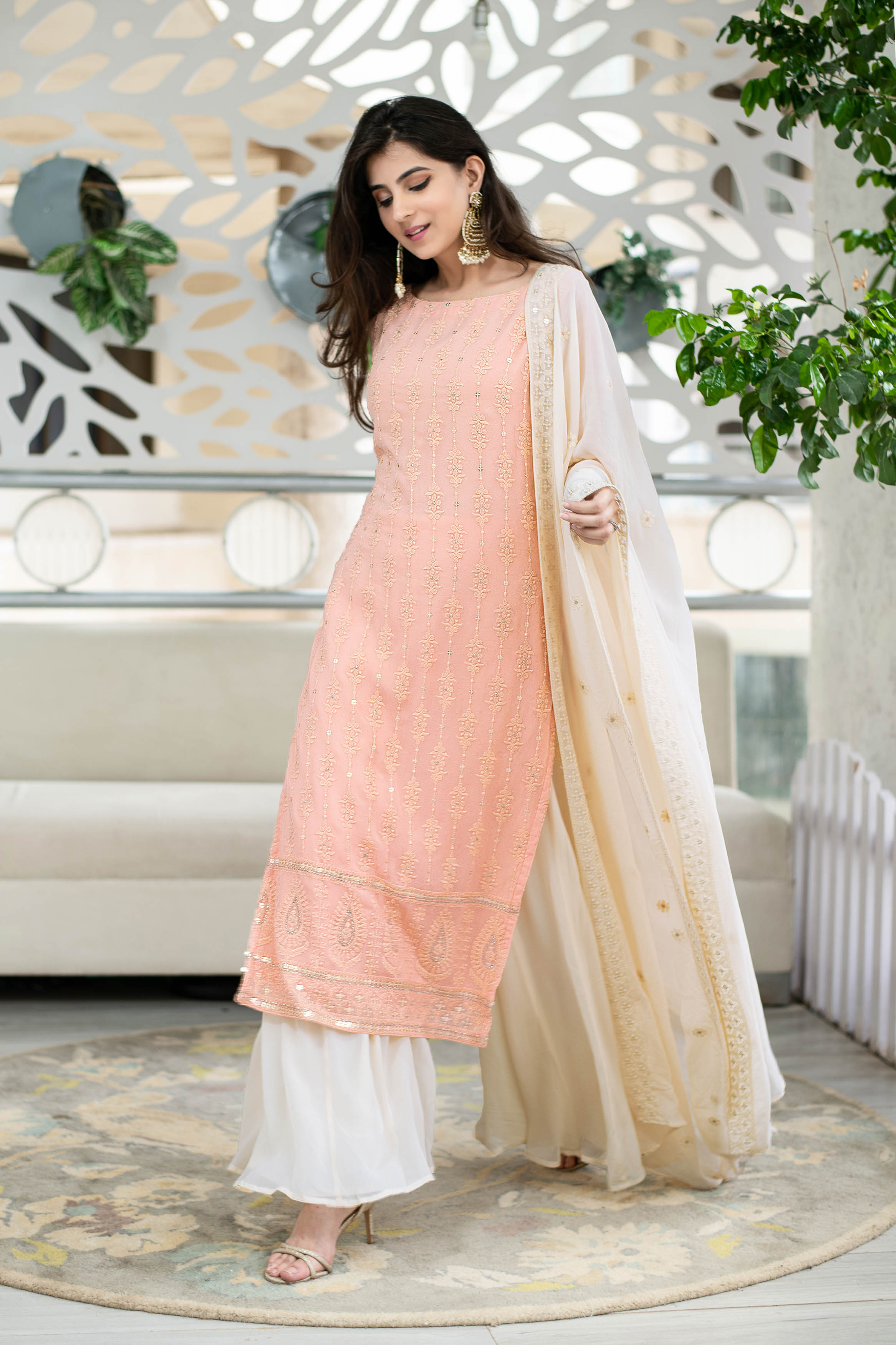 Light Peach Lucknowi Kurta With Palazzo Set