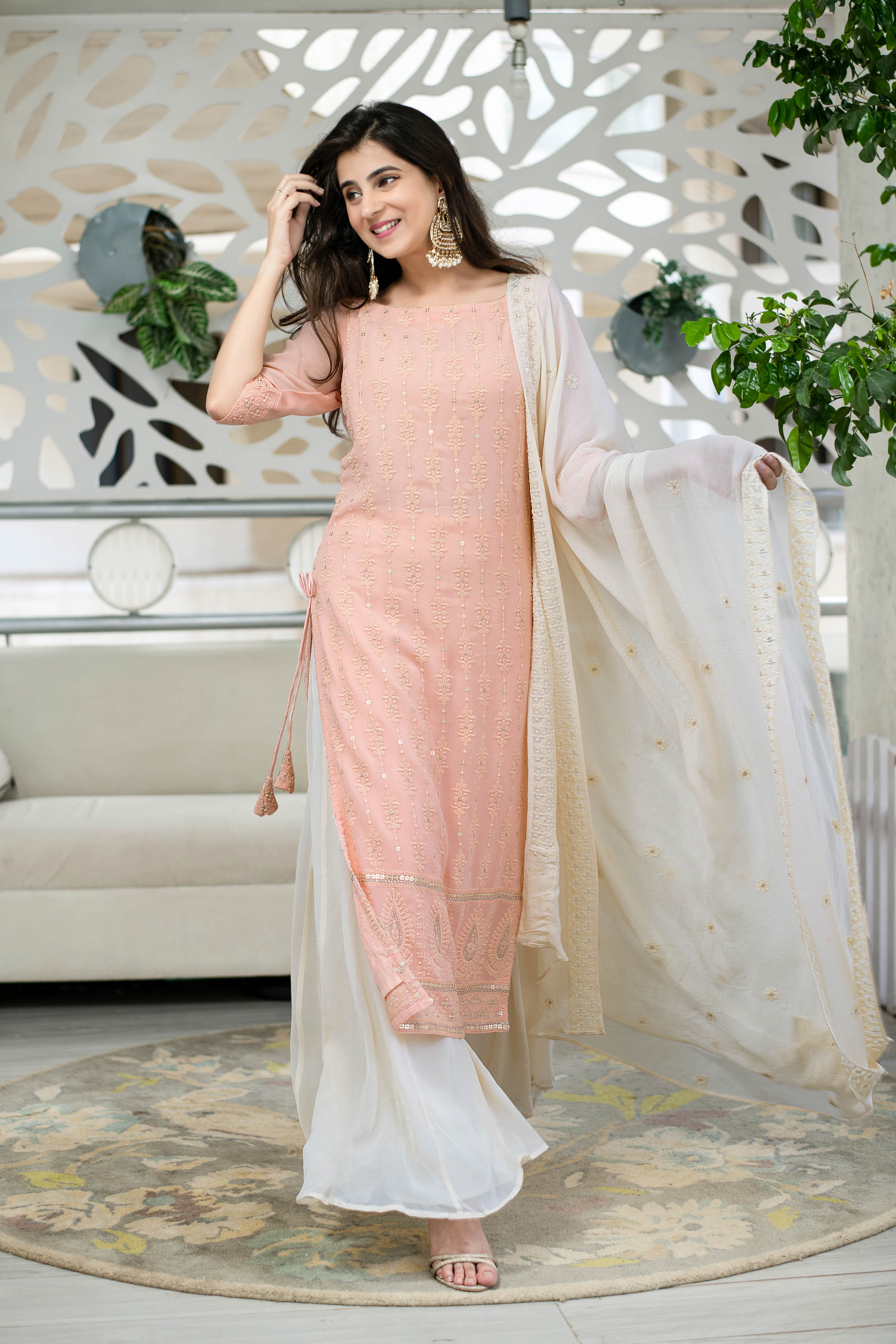 Light Peach Lucknowi Kurta With Palazzo Set