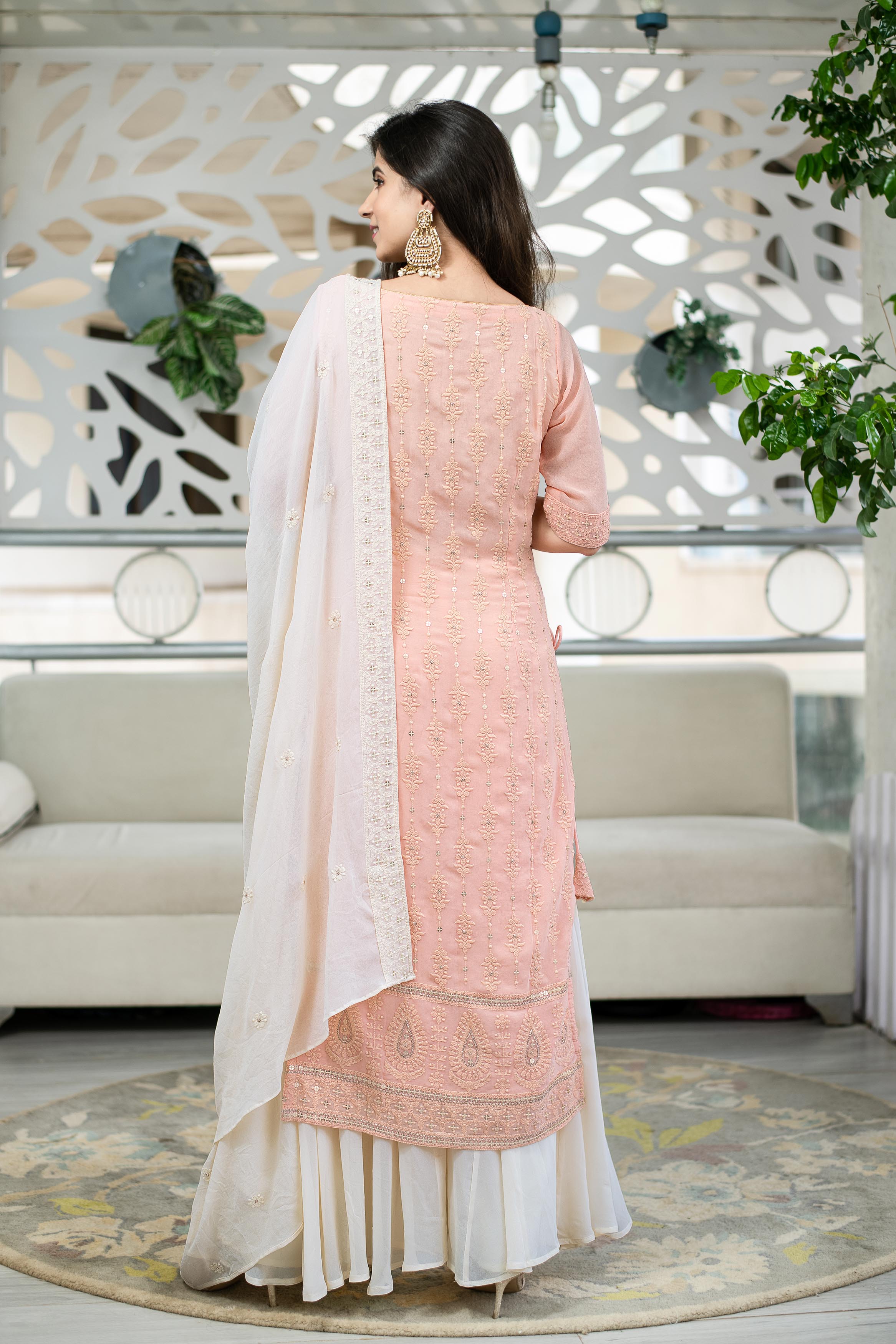 Light Peach Lucknowi Kurta With Palazzo Set