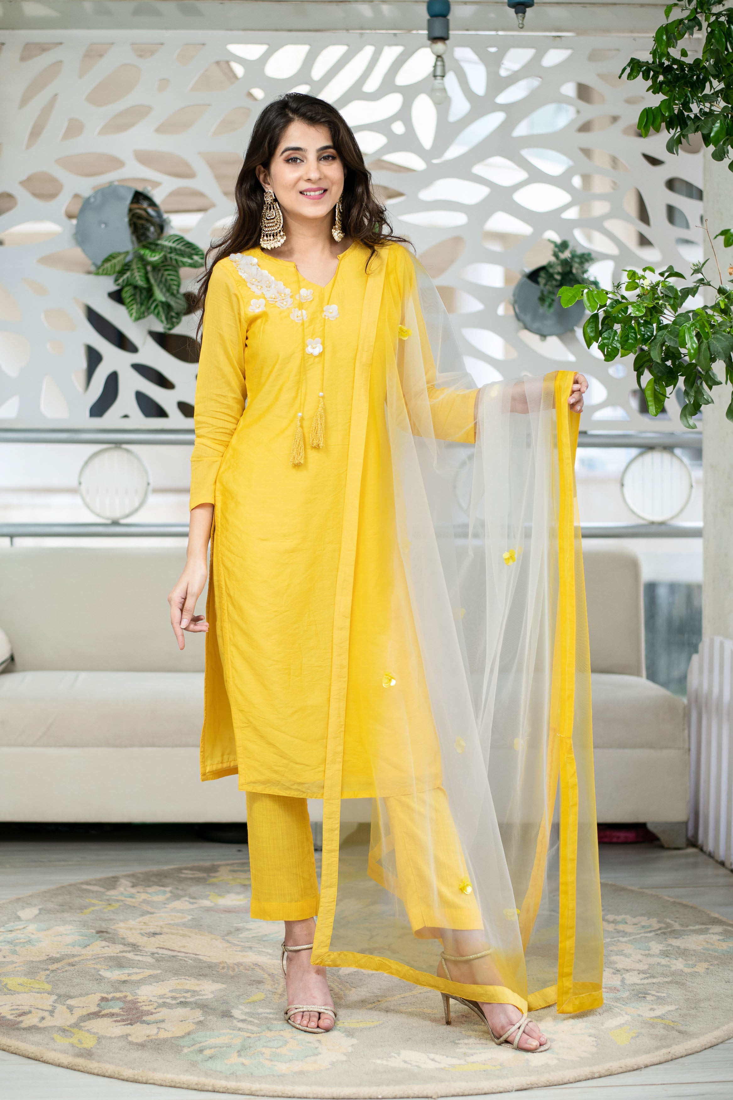 Yellow Chanderi Hand Work Kurta Set