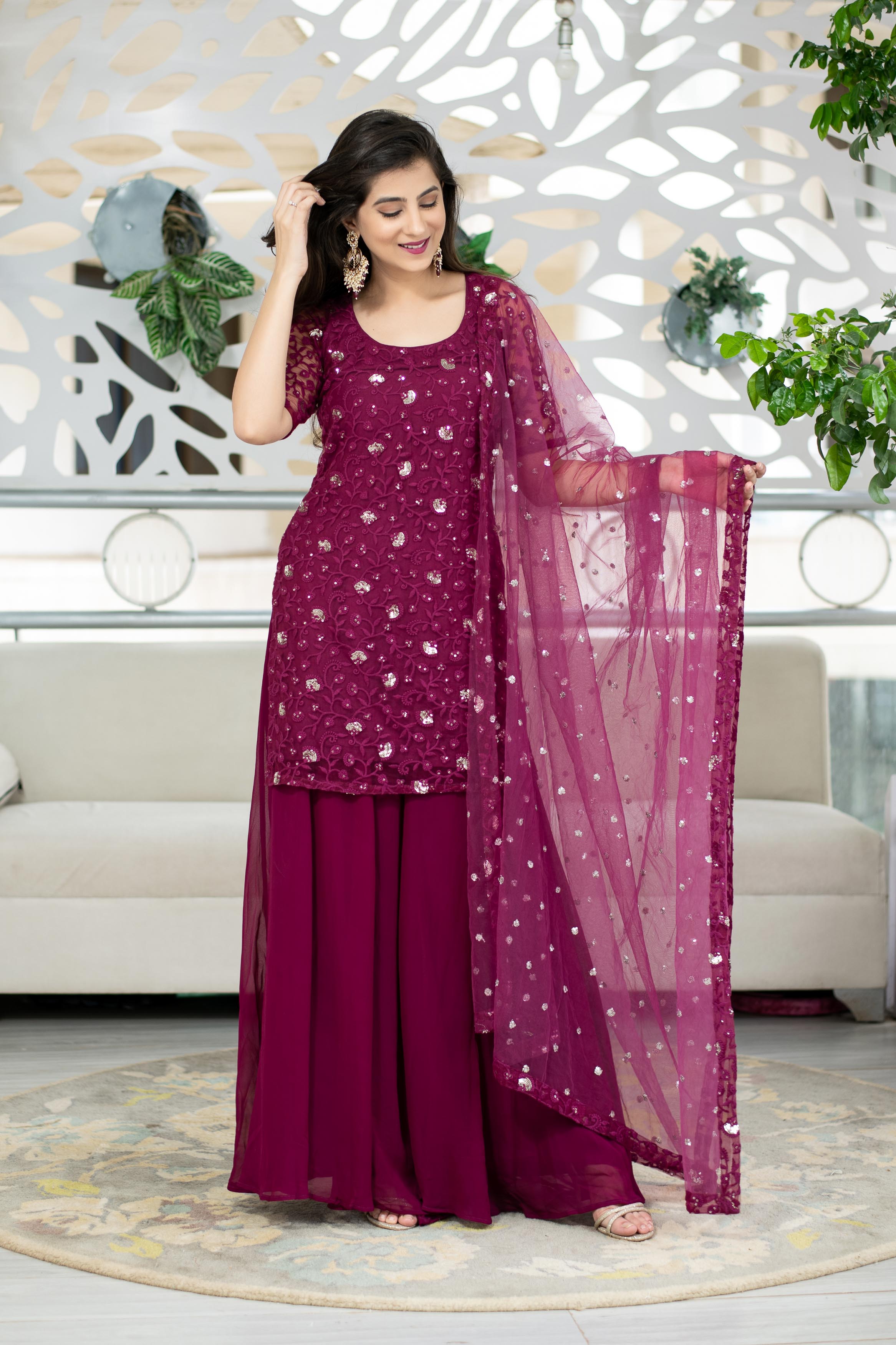 Wine Thread Work Kurta With Palazzo Set