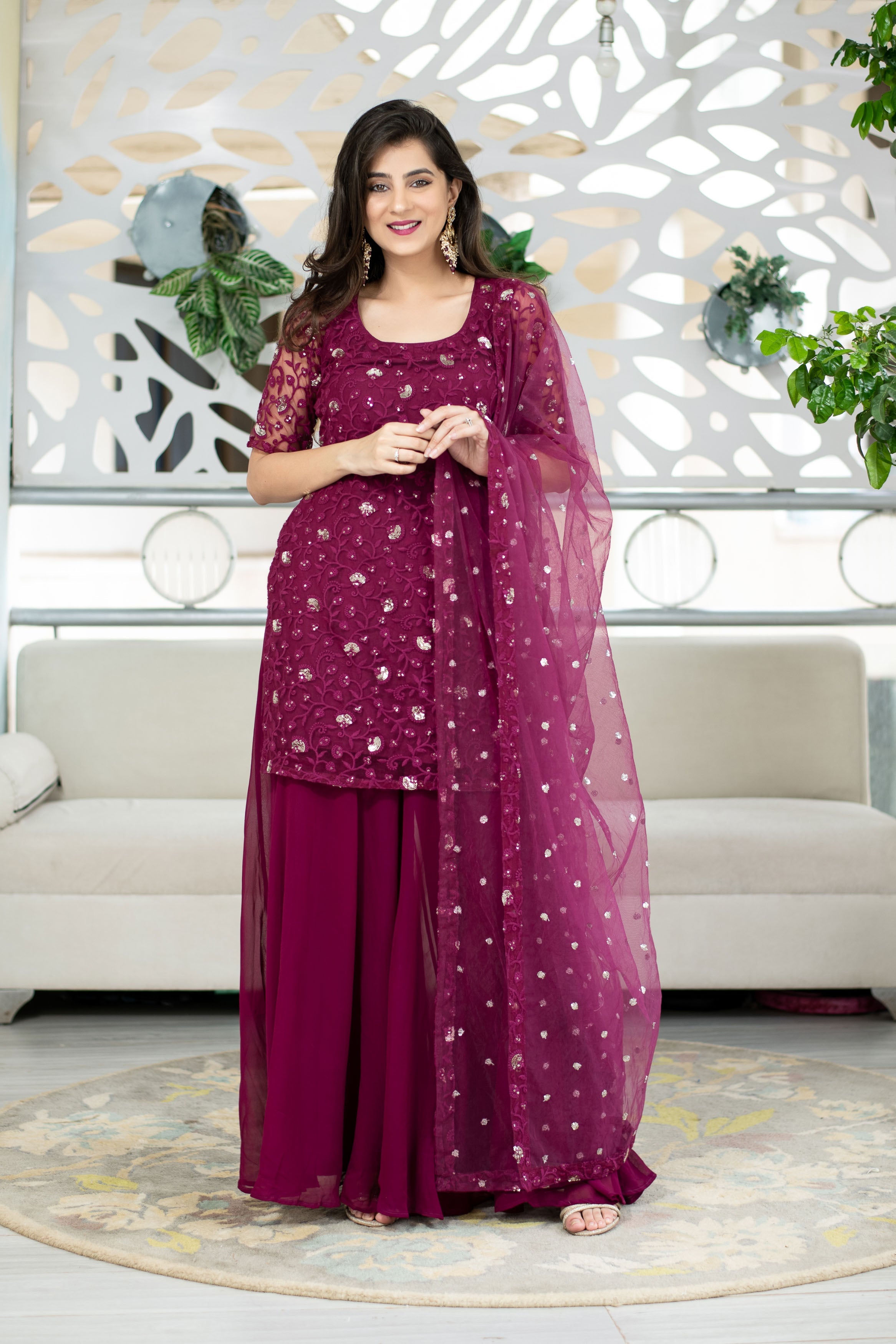 Wine Thread Work Kurta With Palazzo Set