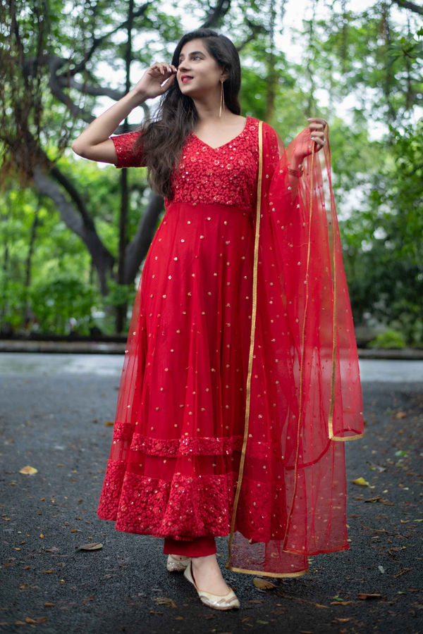 Red Thread Work Anarkali Set