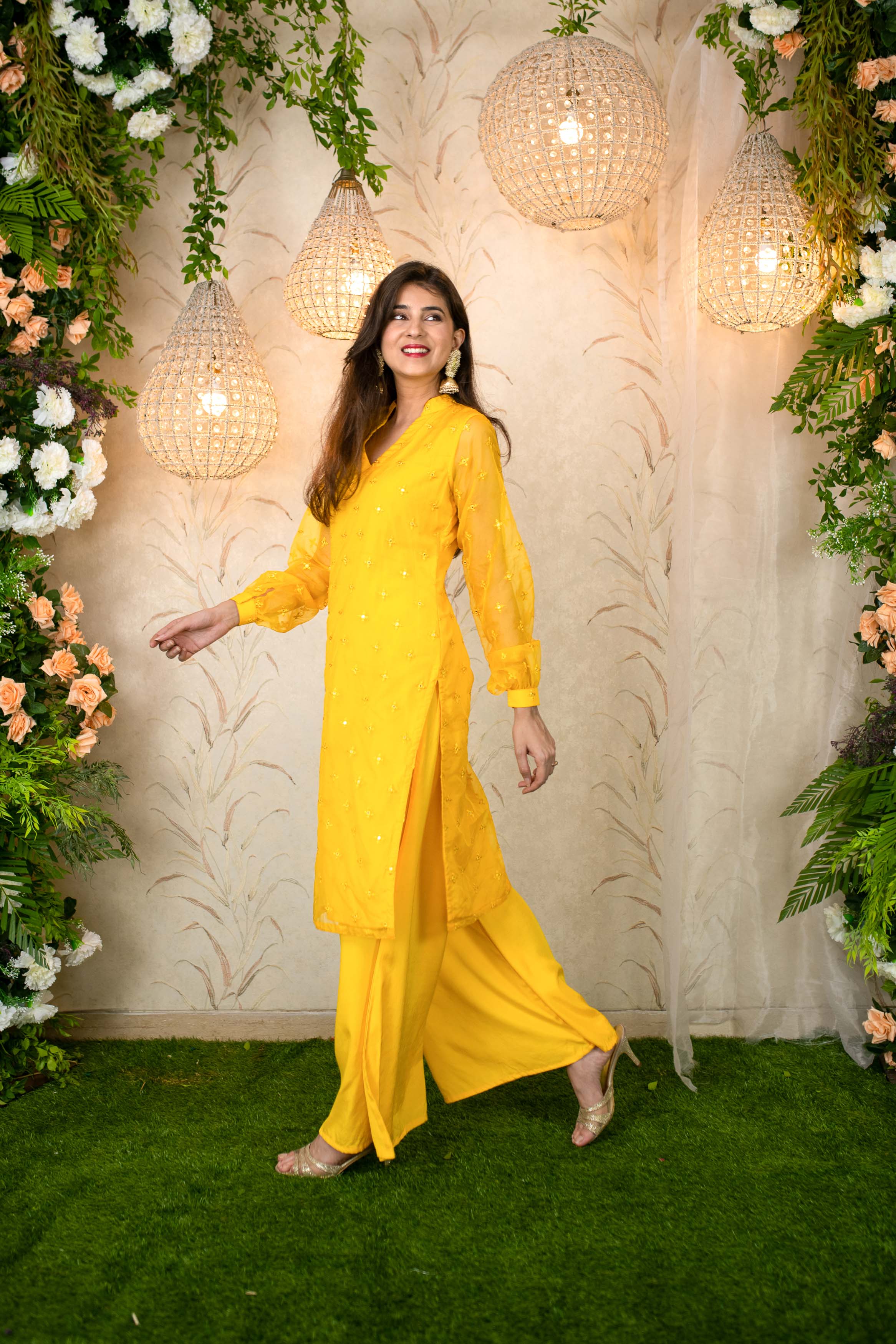 Yellow Mirror Work Organza Kurta With Palazzo