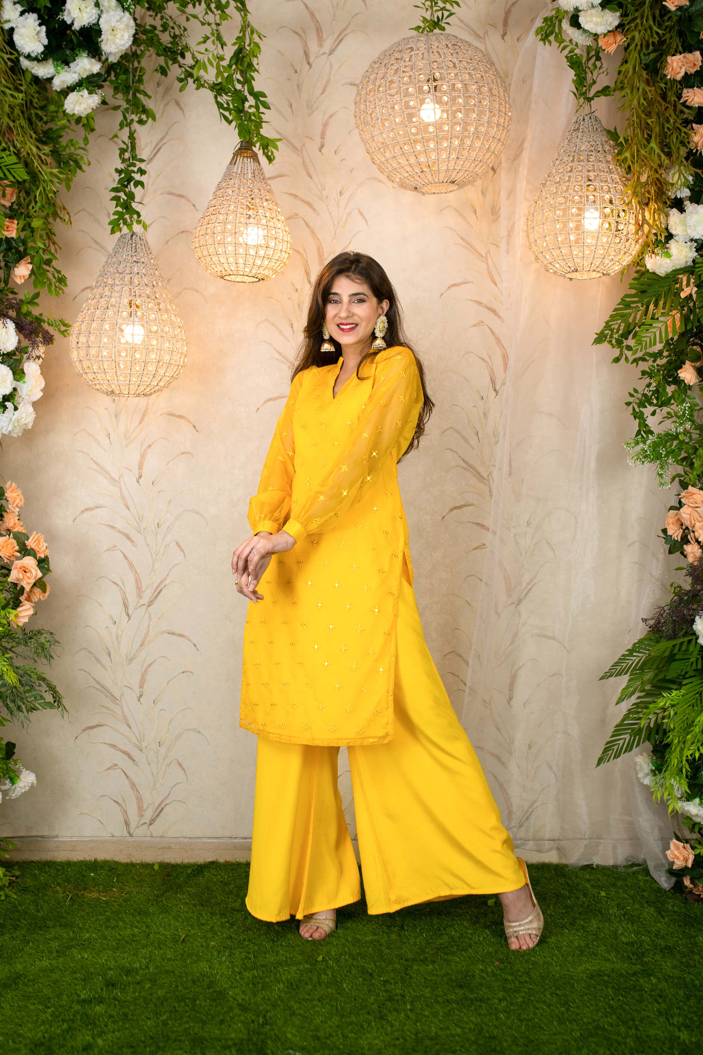 Yellow Mirror Work Organza Kurta With Palazzo