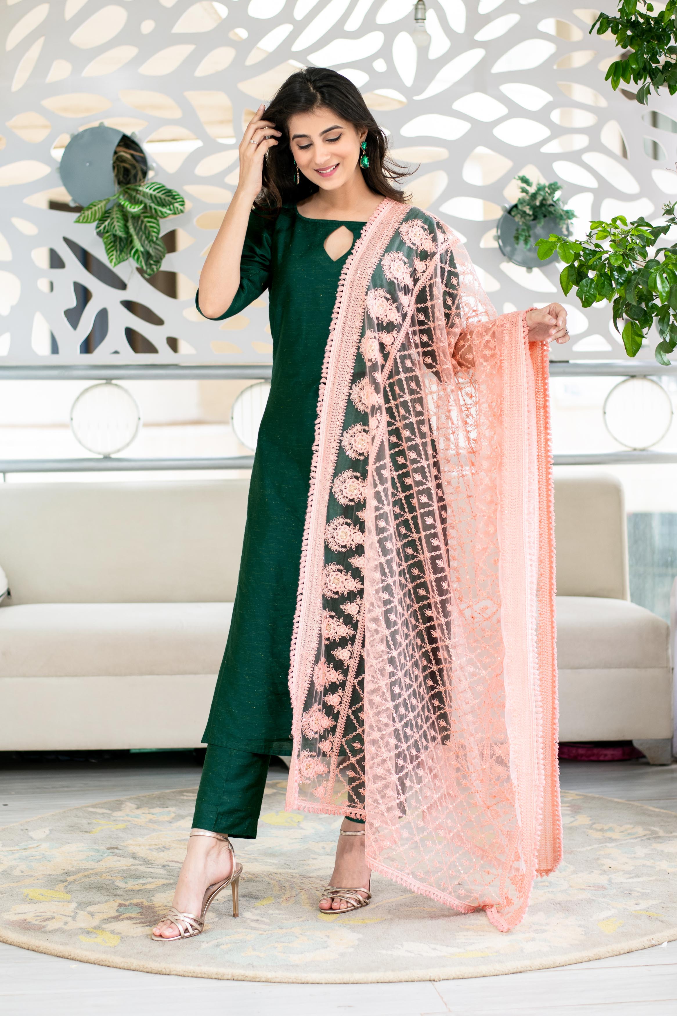 Rama Green Kurta With Heavy Dupatta