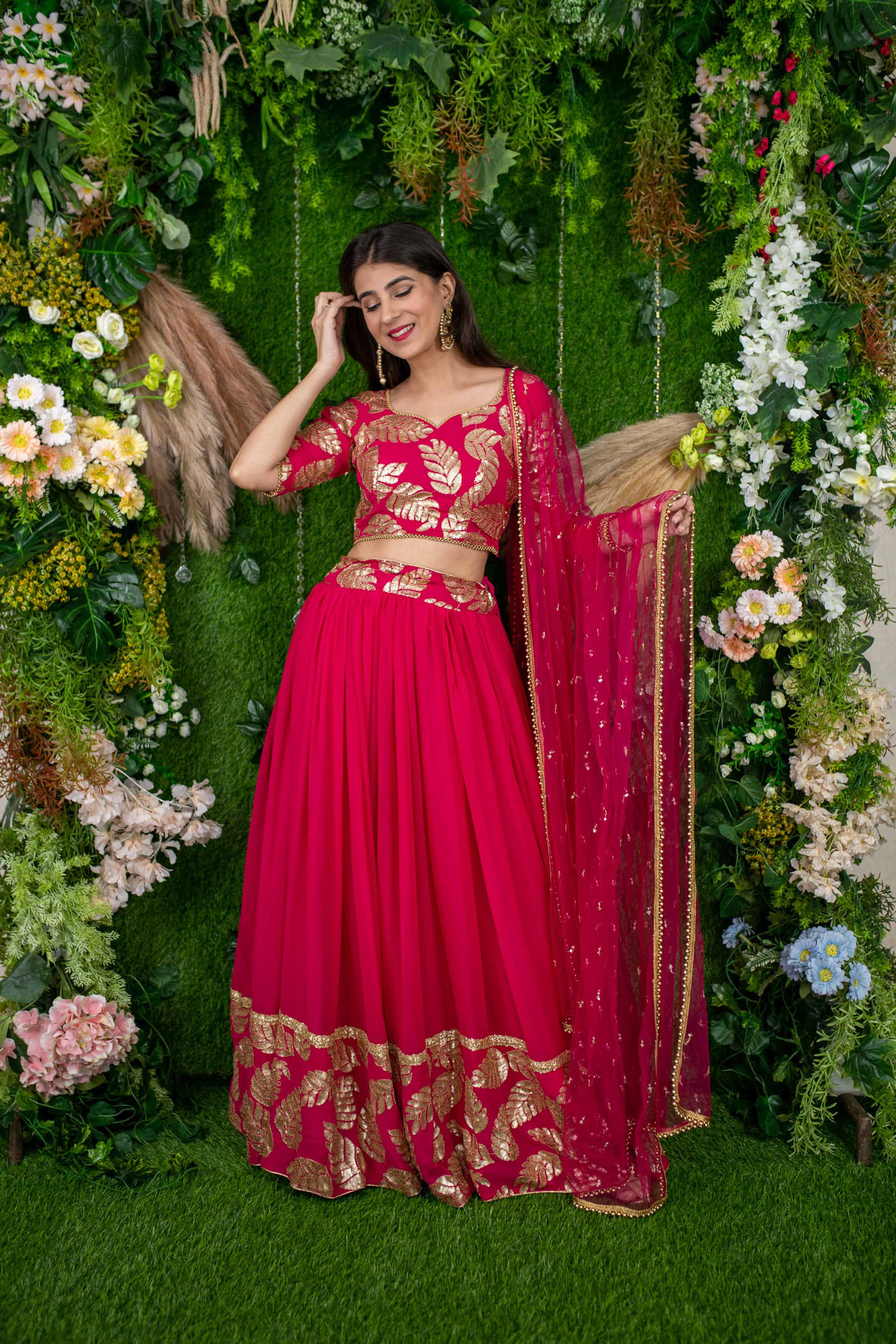 Rani Pink Leaf Daman Lehenga