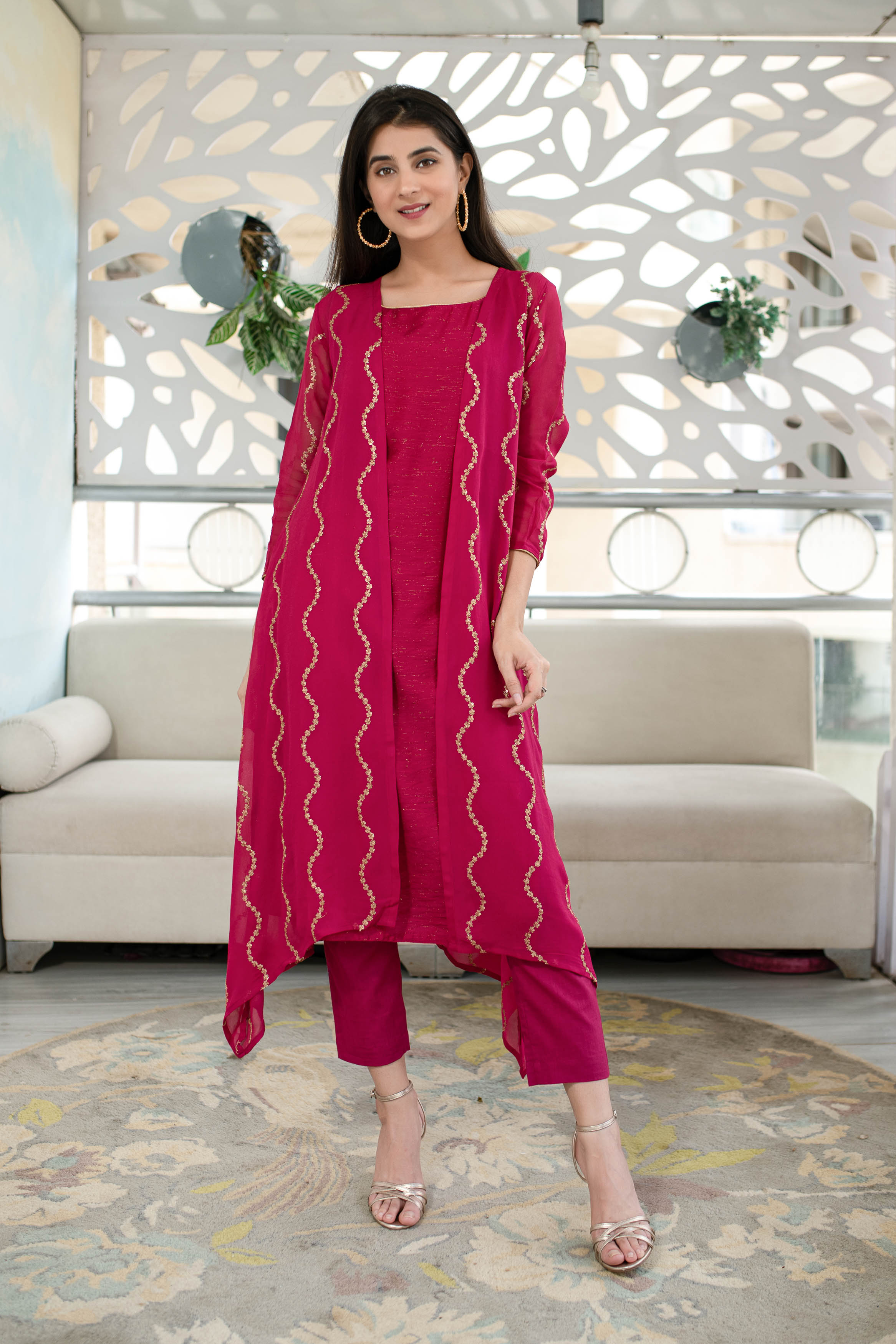 Pink Kurta Pant With Overcoat