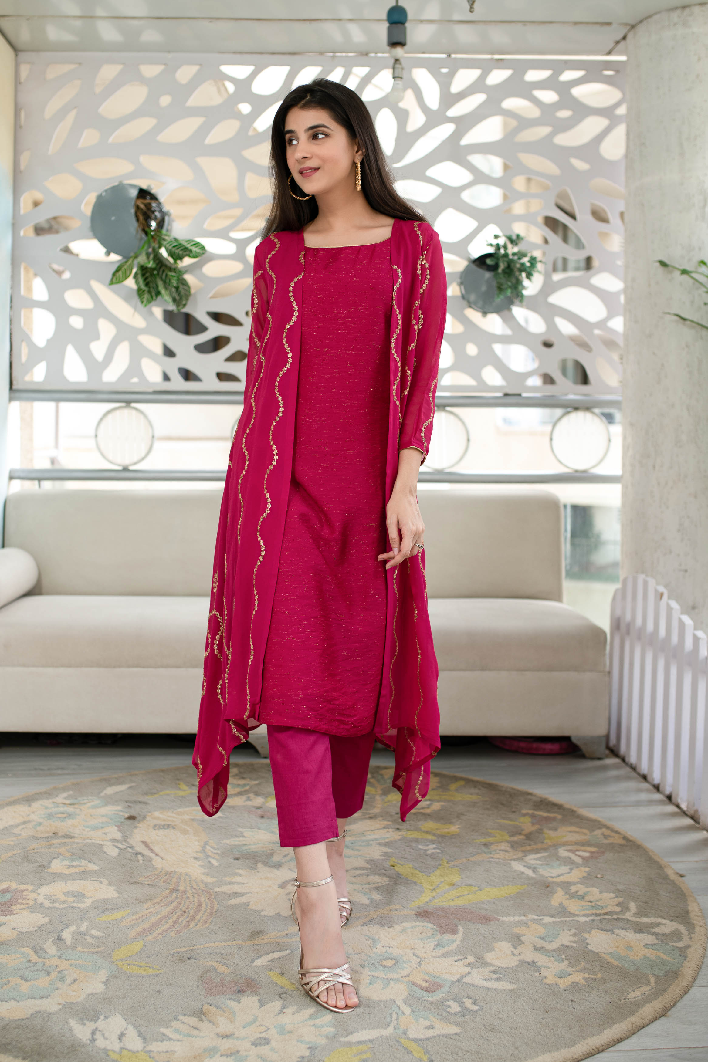 Pink Kurta Pant With Overcoat