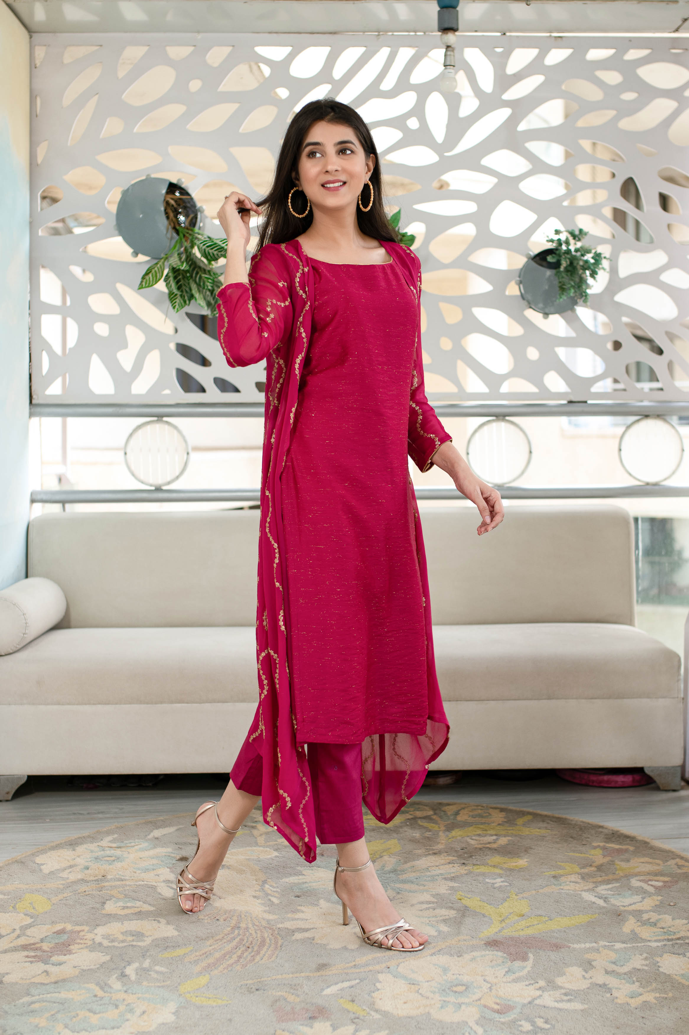 Pink Kurta Pant With Overcoat