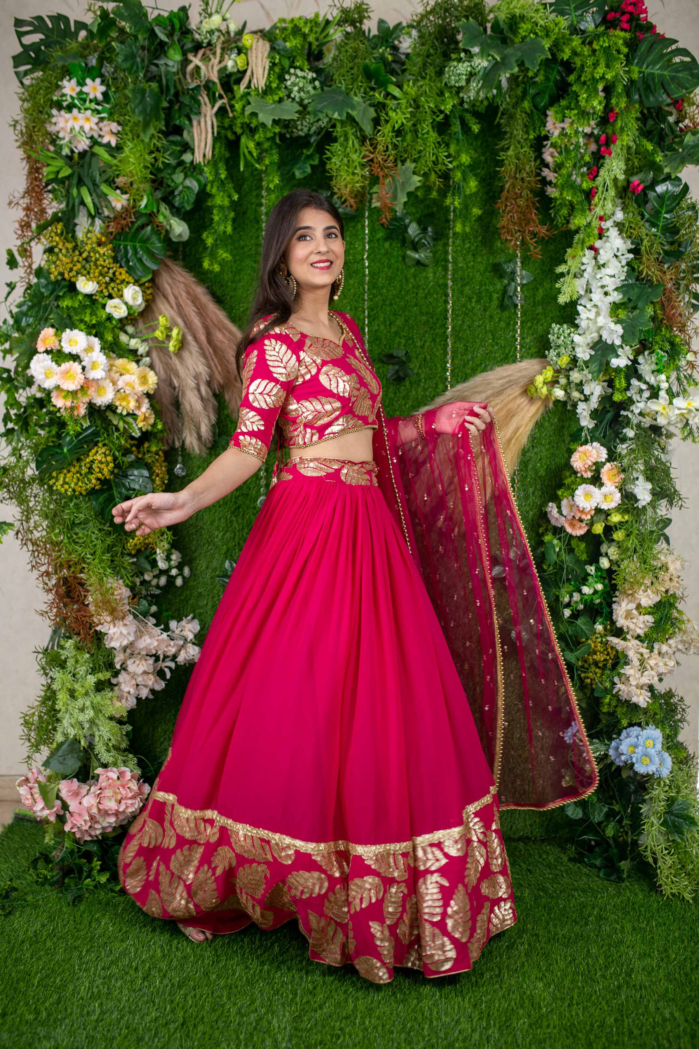 Rani Pink Leaf Daman Lehenga