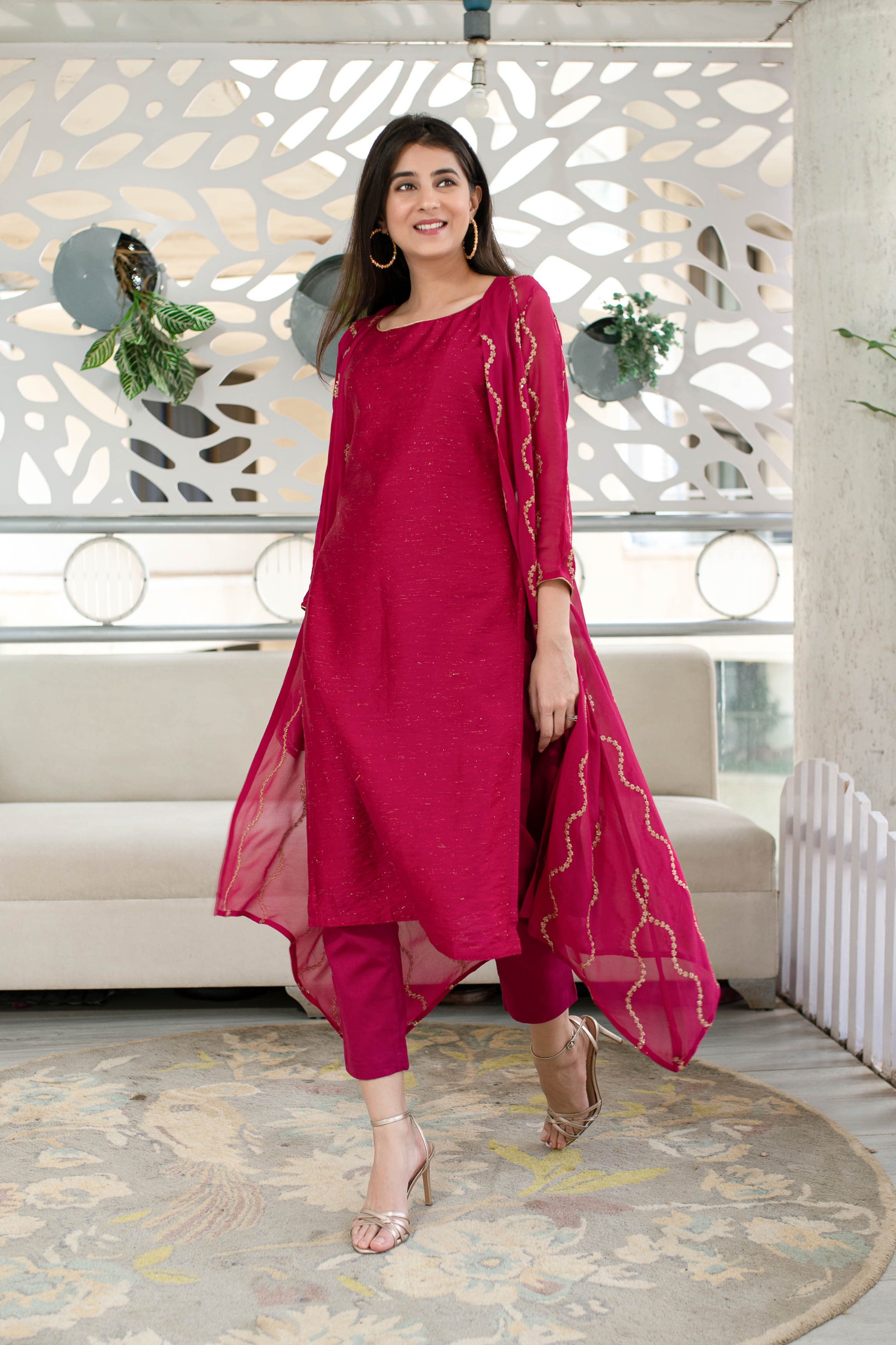 Pink Kurta Pant With Overcoat