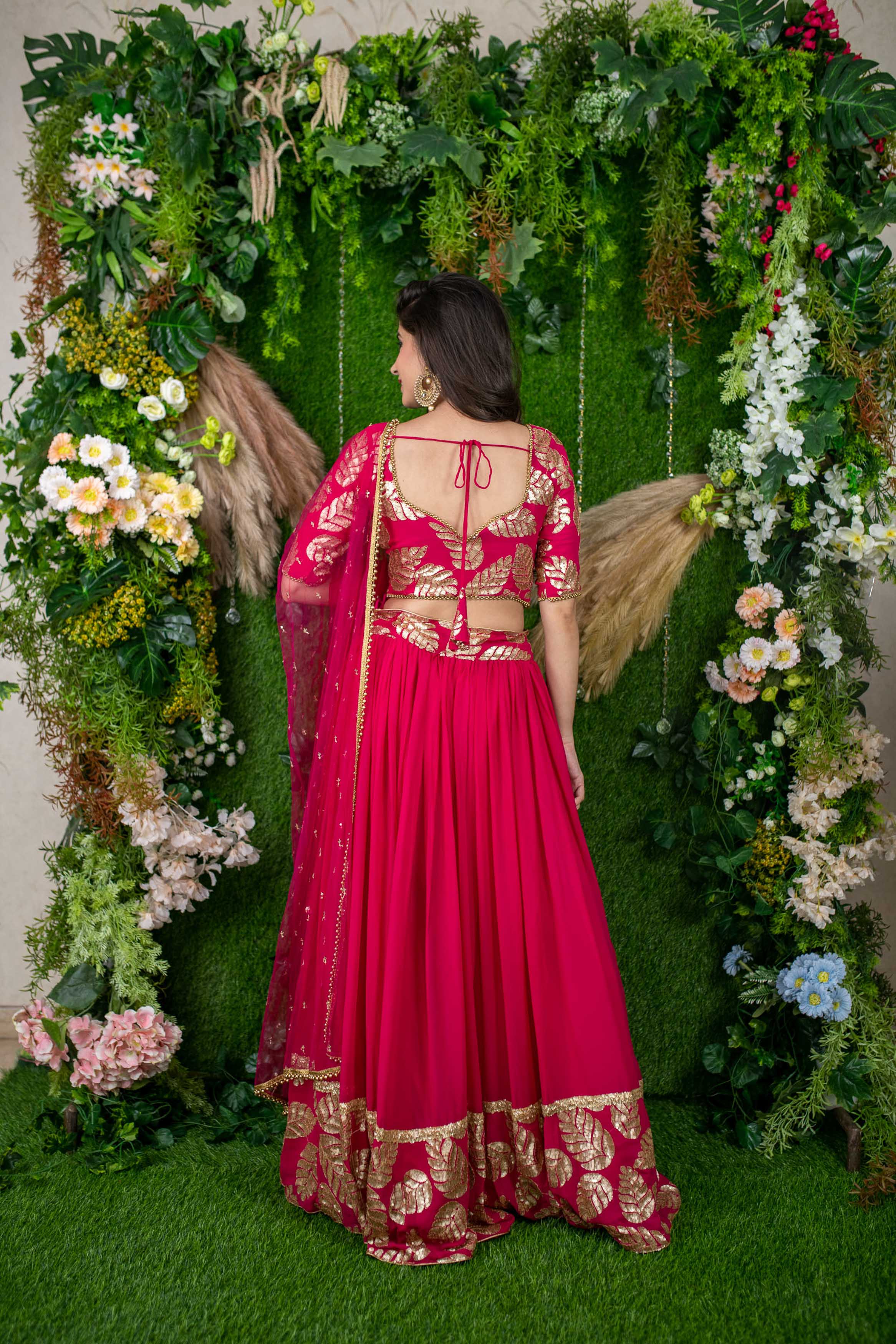 Rani Pink Leaf Daman Lehenga