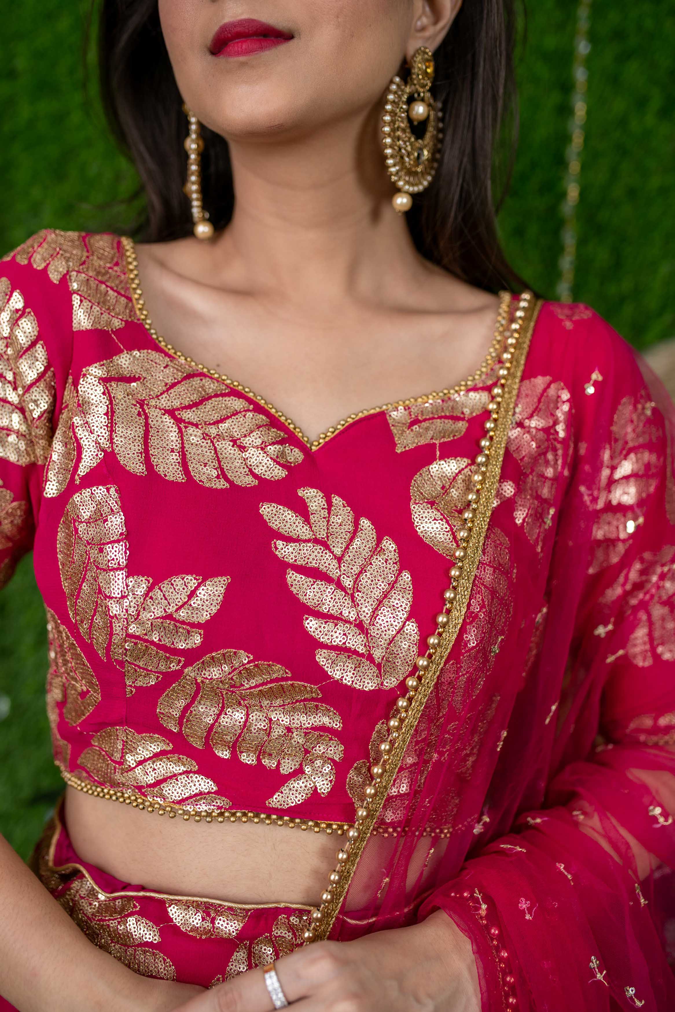 Rani Pink Leaf Daman Lehenga