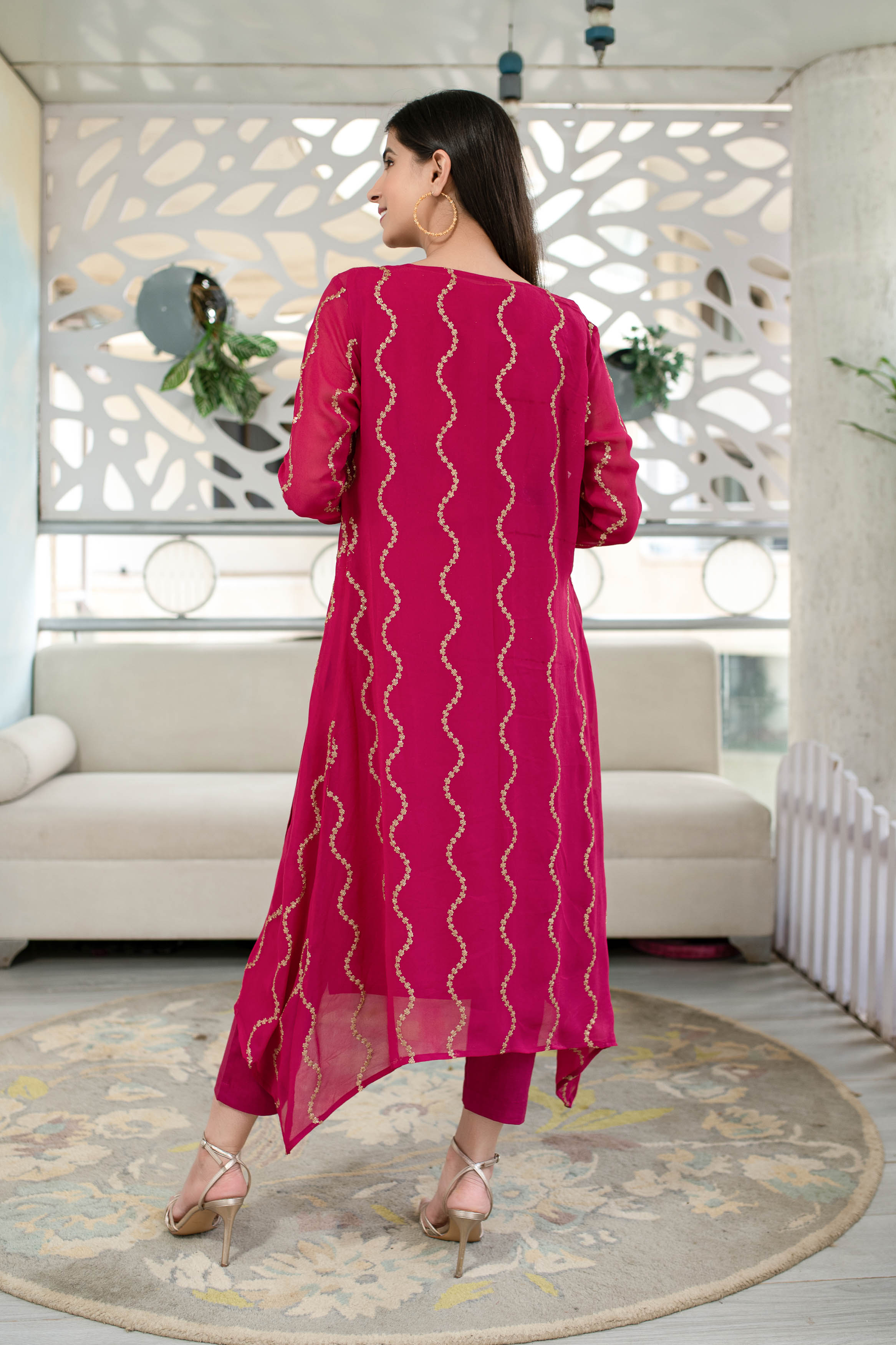 Pink Kurta Pant With Overcoat