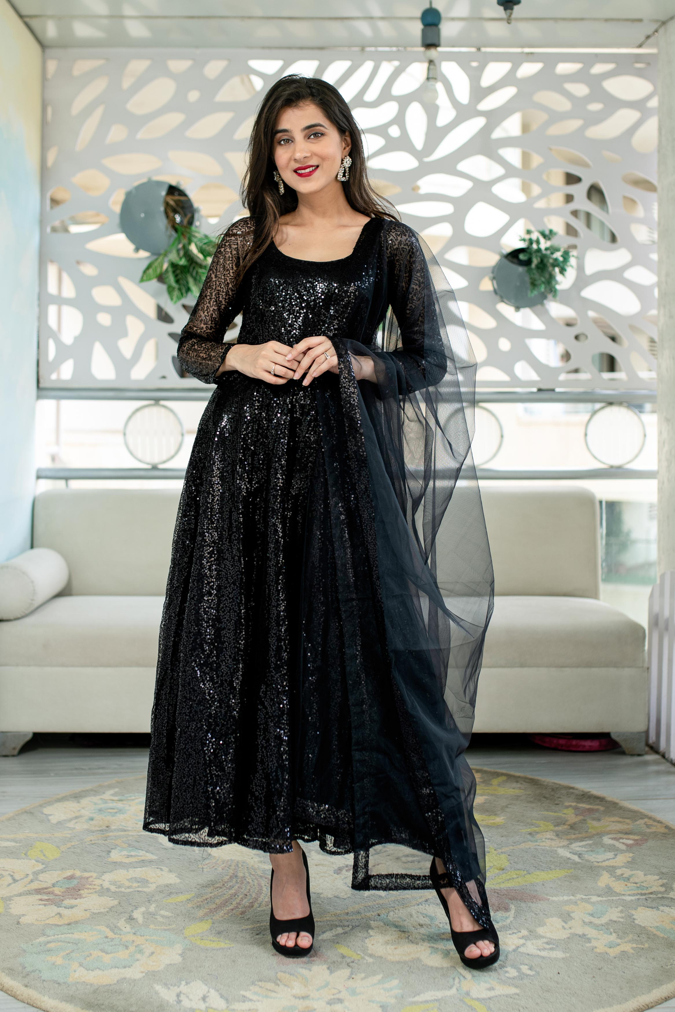 Black Sequin Anarkali Set