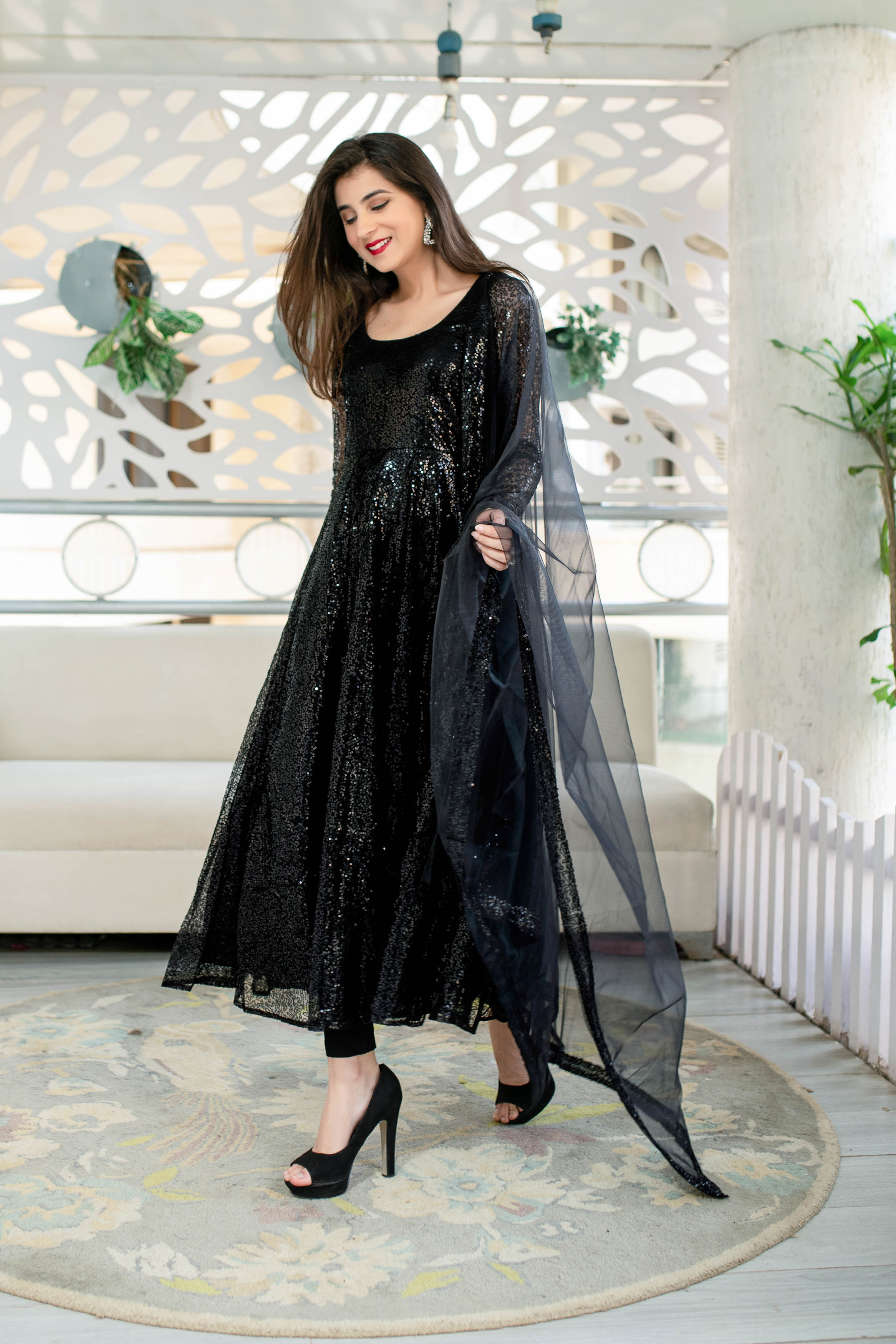 Black Sequin Anarkali Set