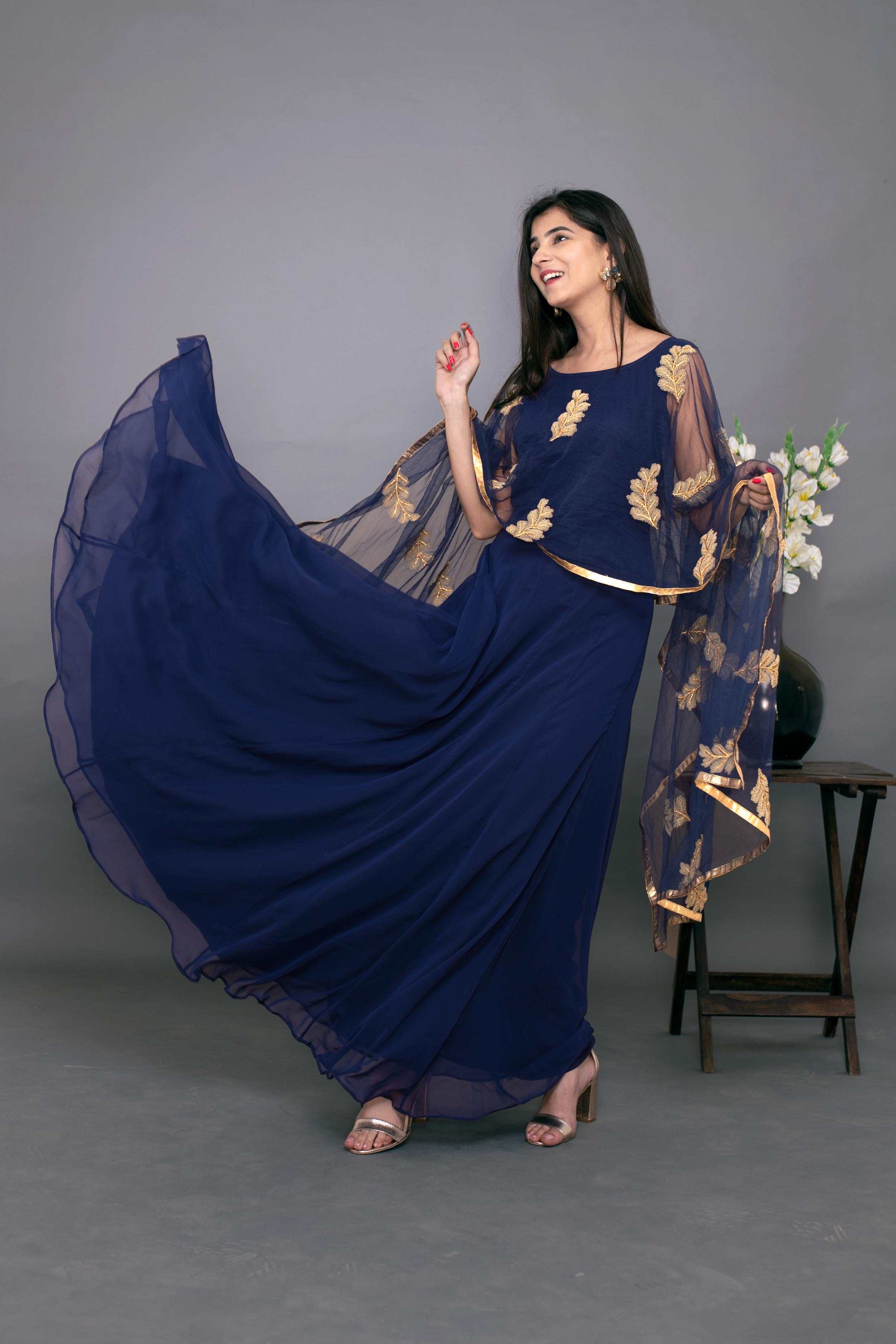 Blue Gown With Attached Dupatta