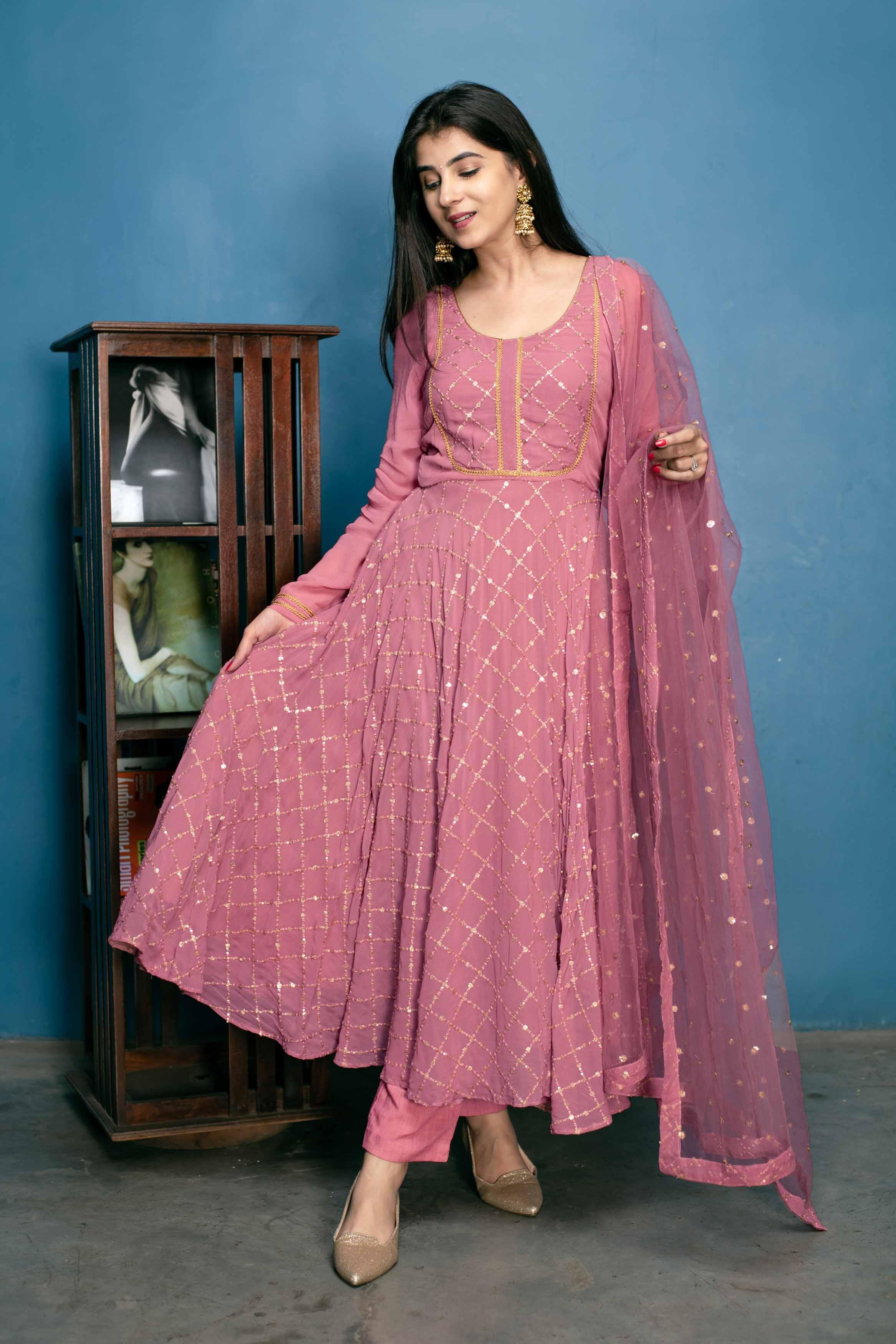 Dusty Pink Thread And Sequin Work Anarkali Set