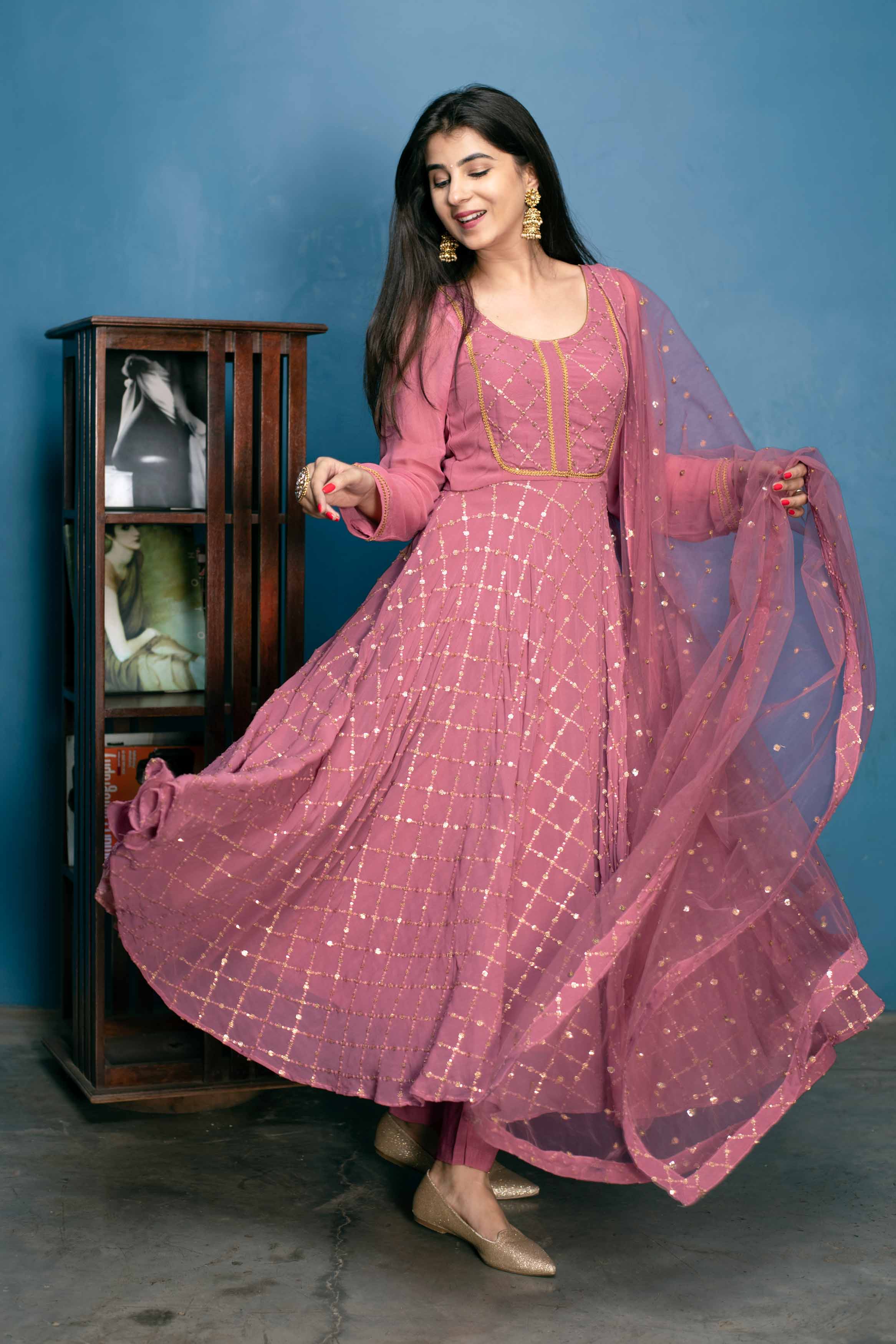 Dusty Pink Thread And Sequin Work Anarkali Set