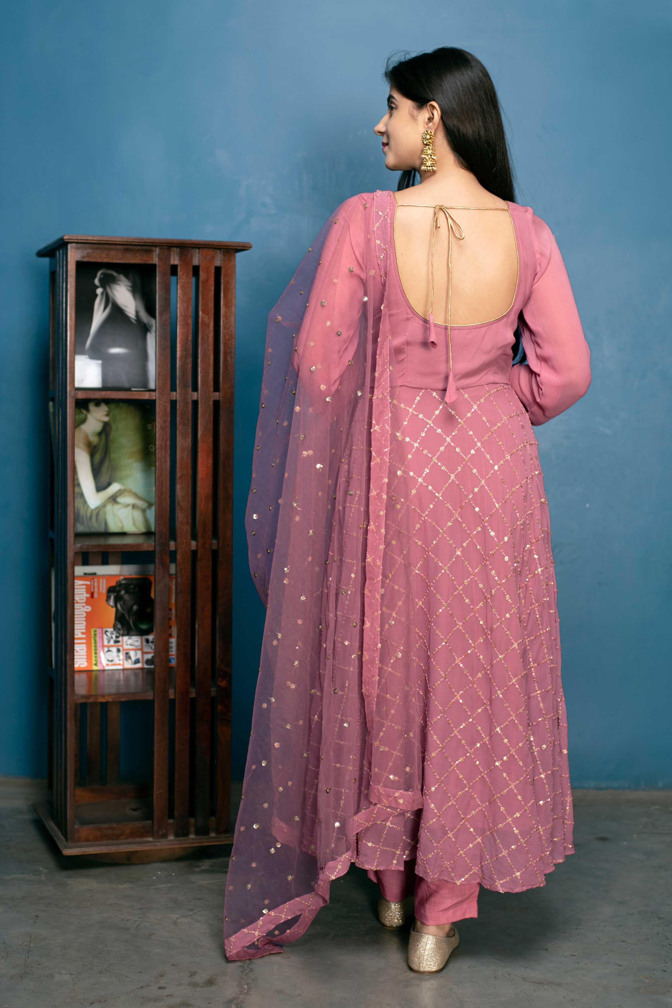 Dusty Pink Thread And Sequin Work Anarkali Set