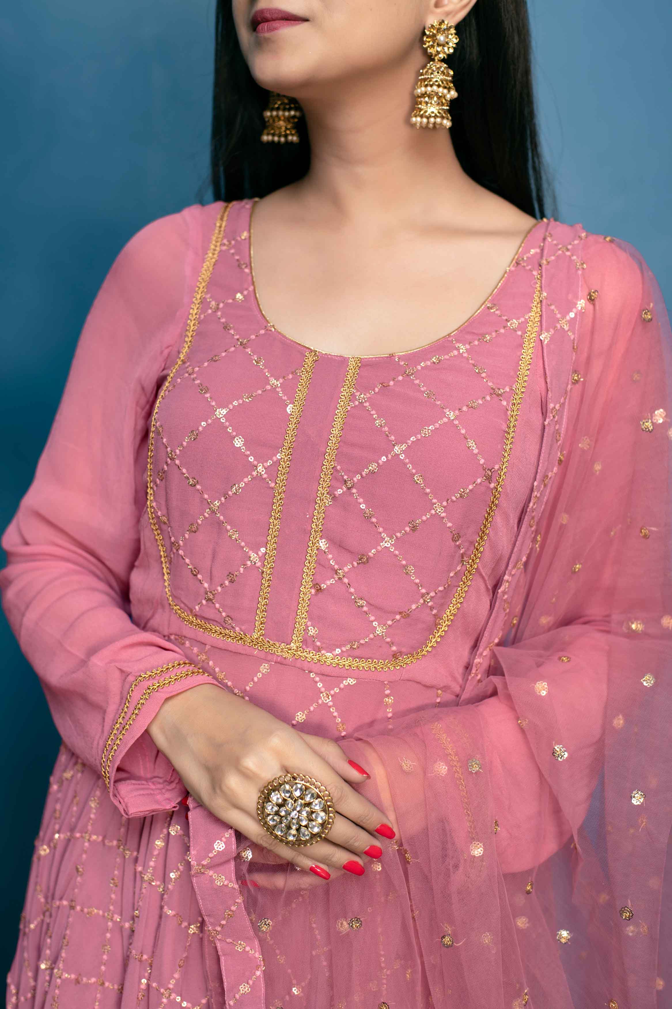 Dusty Pink Thread And Sequin Work Anarkali Set