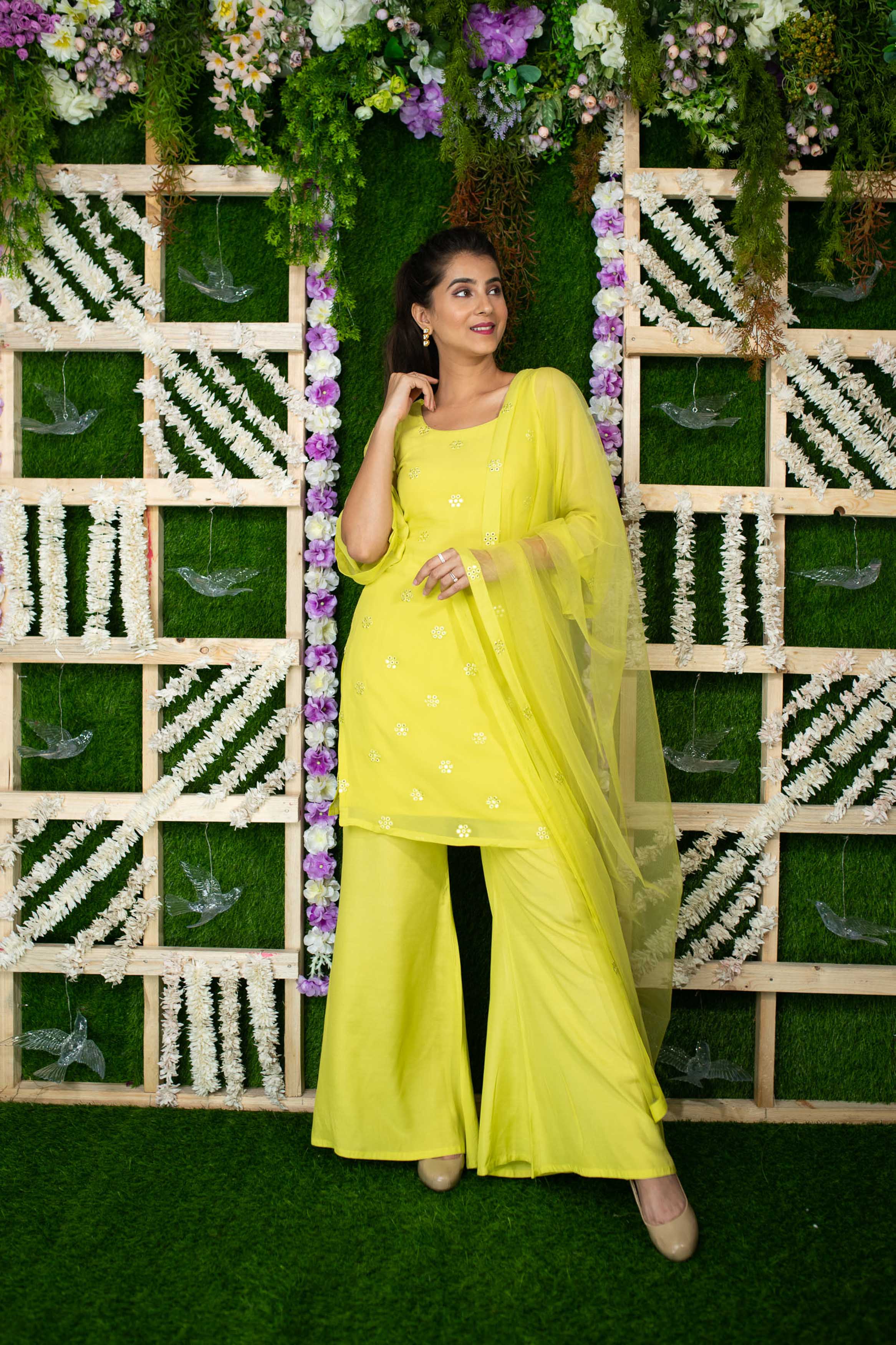 Lime Green Sequin Kurta Pallaza Set