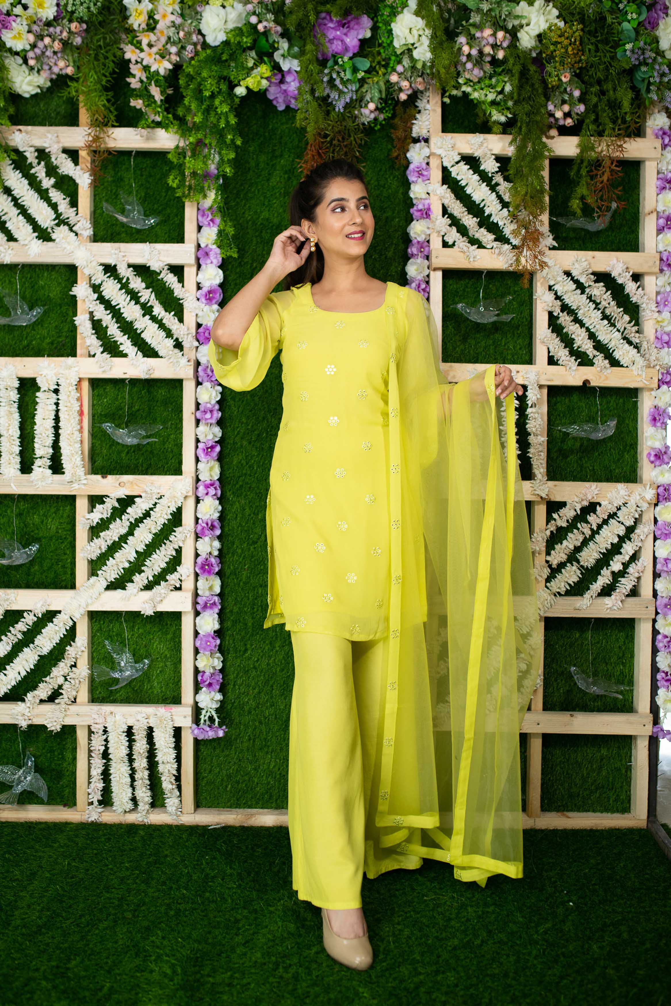 Lime Green Sequin Kurta Pallaza Set